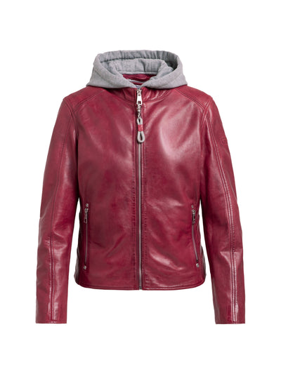 Lederjacke im Biker-Stil mit Sweatkapuze dark red