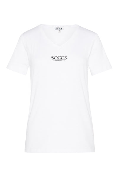 Basic T-Shirt mit V-Ausschnitt und Logo opticwhite