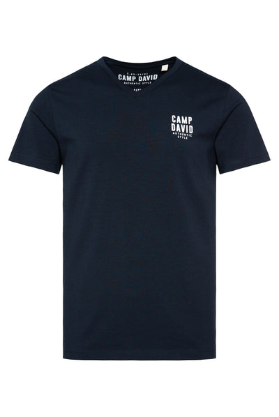 Basic T-Shirt V-Neck mit Logo Print blue navy