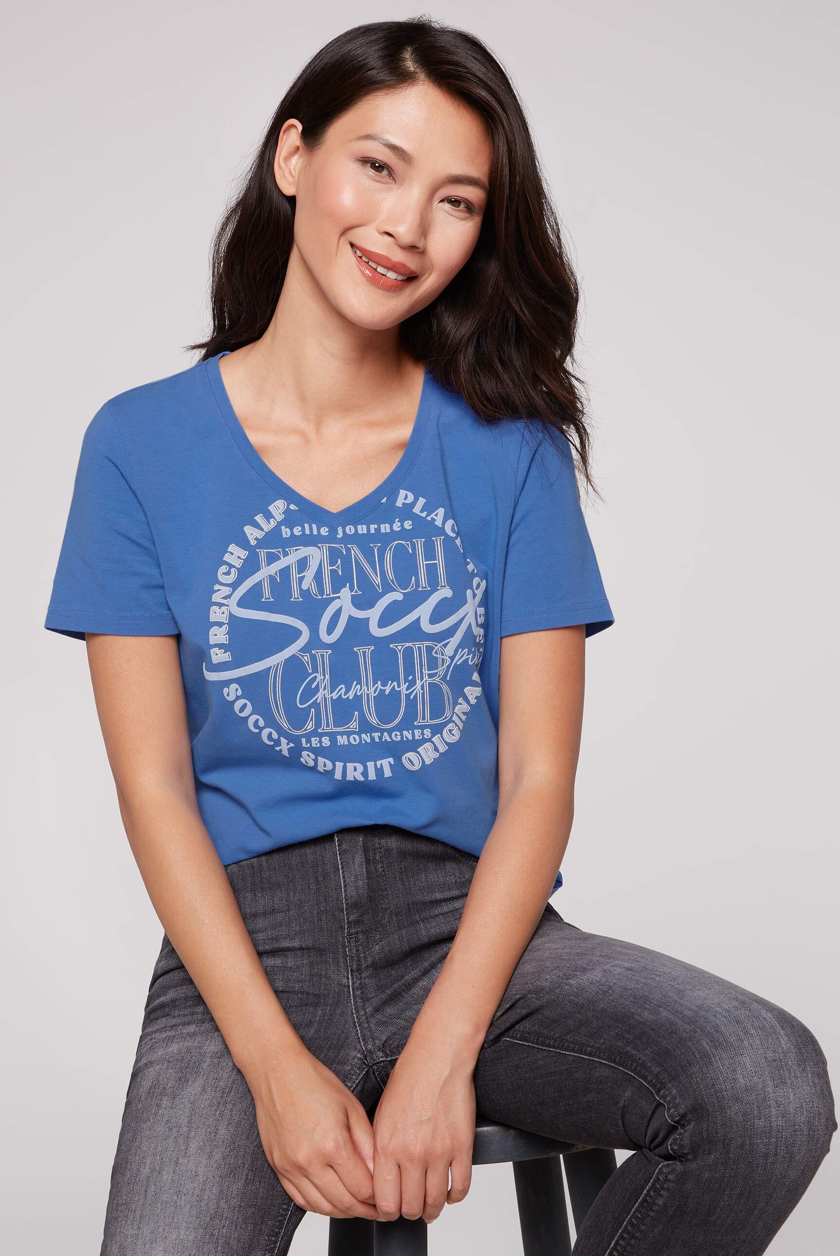 T-Shirt mit V-Ausschnitt und Print vividblue