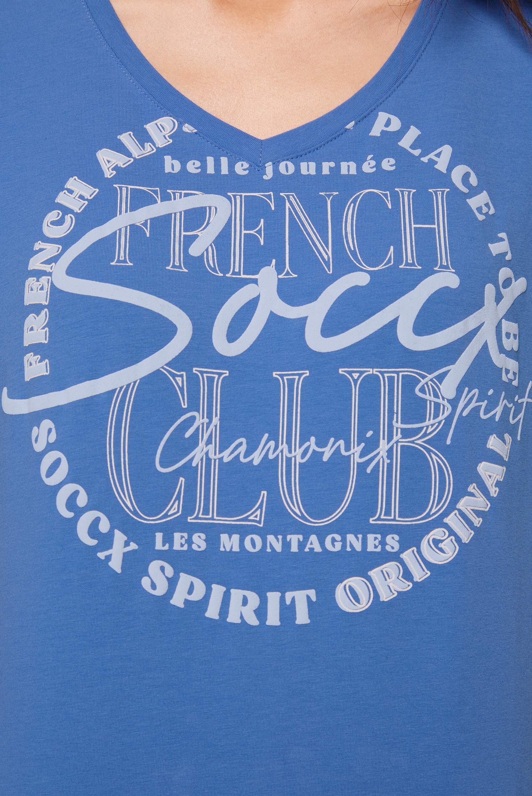 T-Shirt mit V-Ausschnitt und Print vividblue