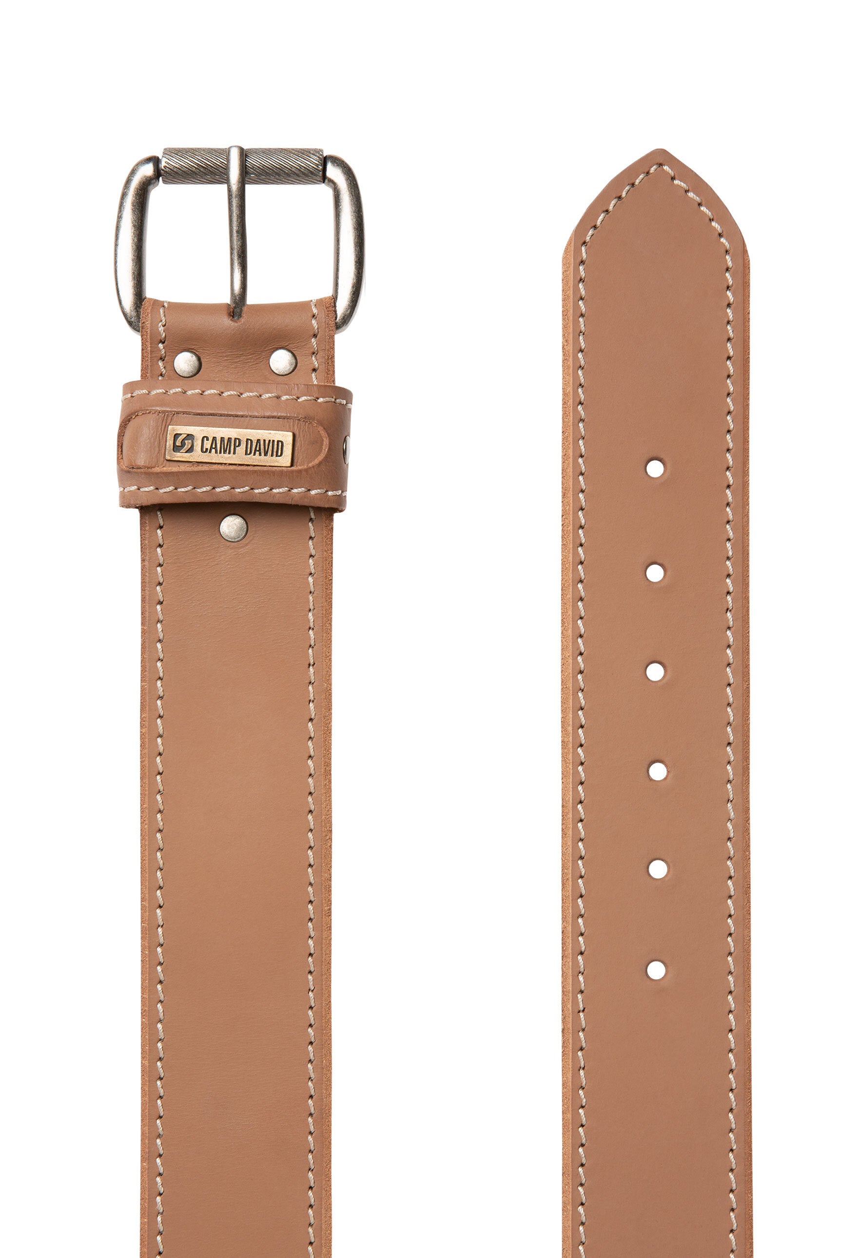 Pasek ze skóry z kontrastowym przeszyciem i plakietką z logo - 4
