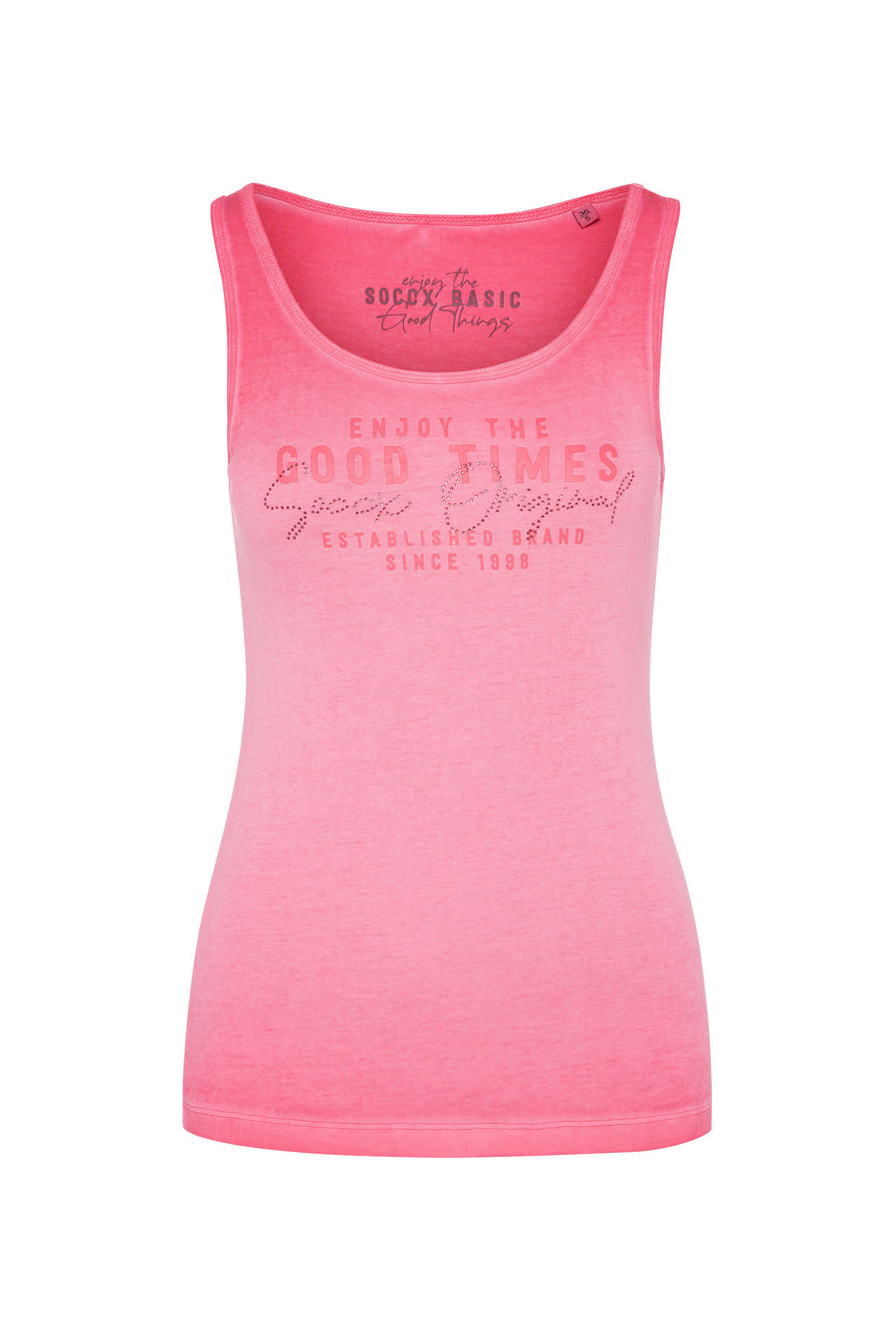 Basic Ripptop mit Print und Schmucksteinen coral pink