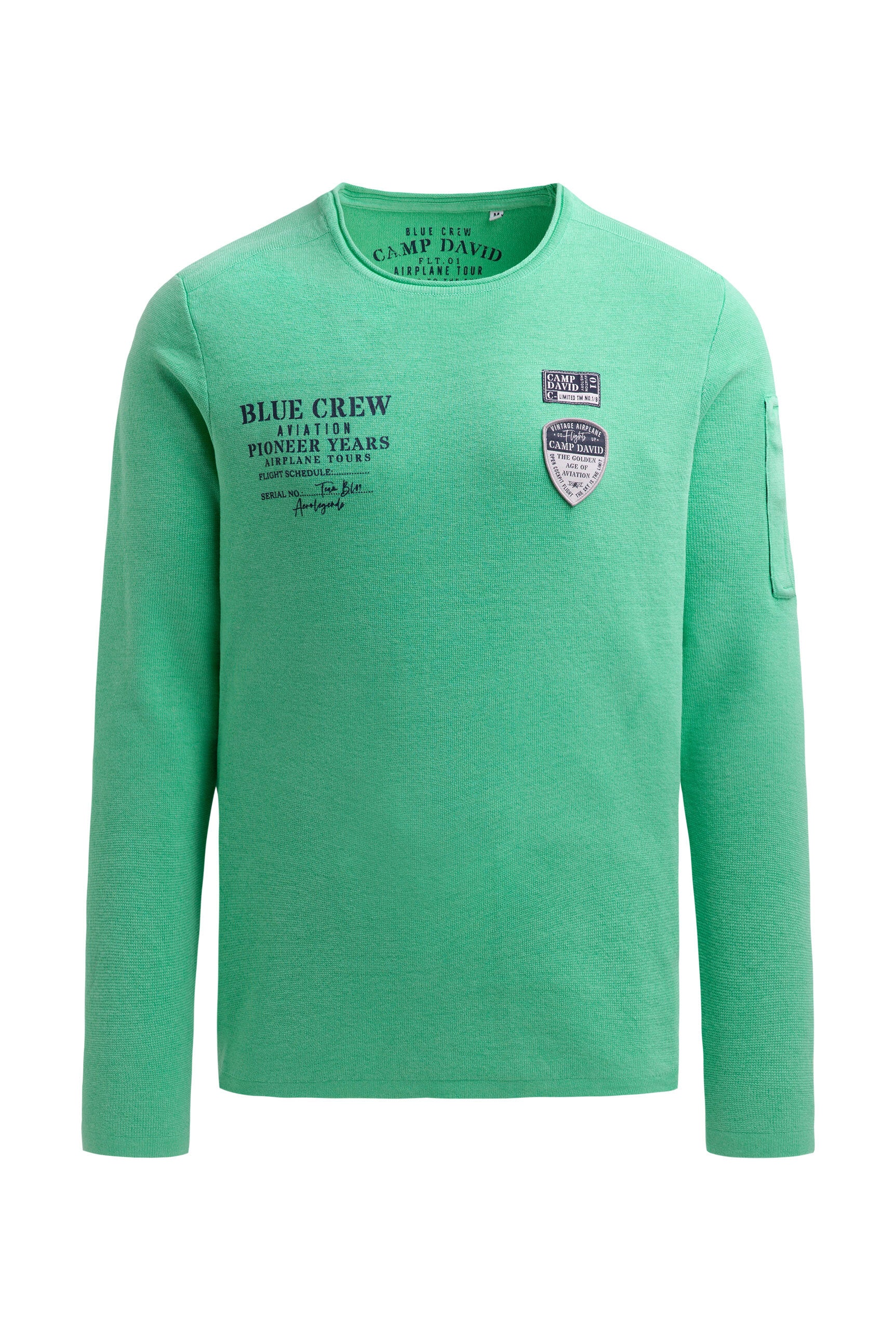 Sweter z nadrukiem, naszywkami i kieszenią na rękawie