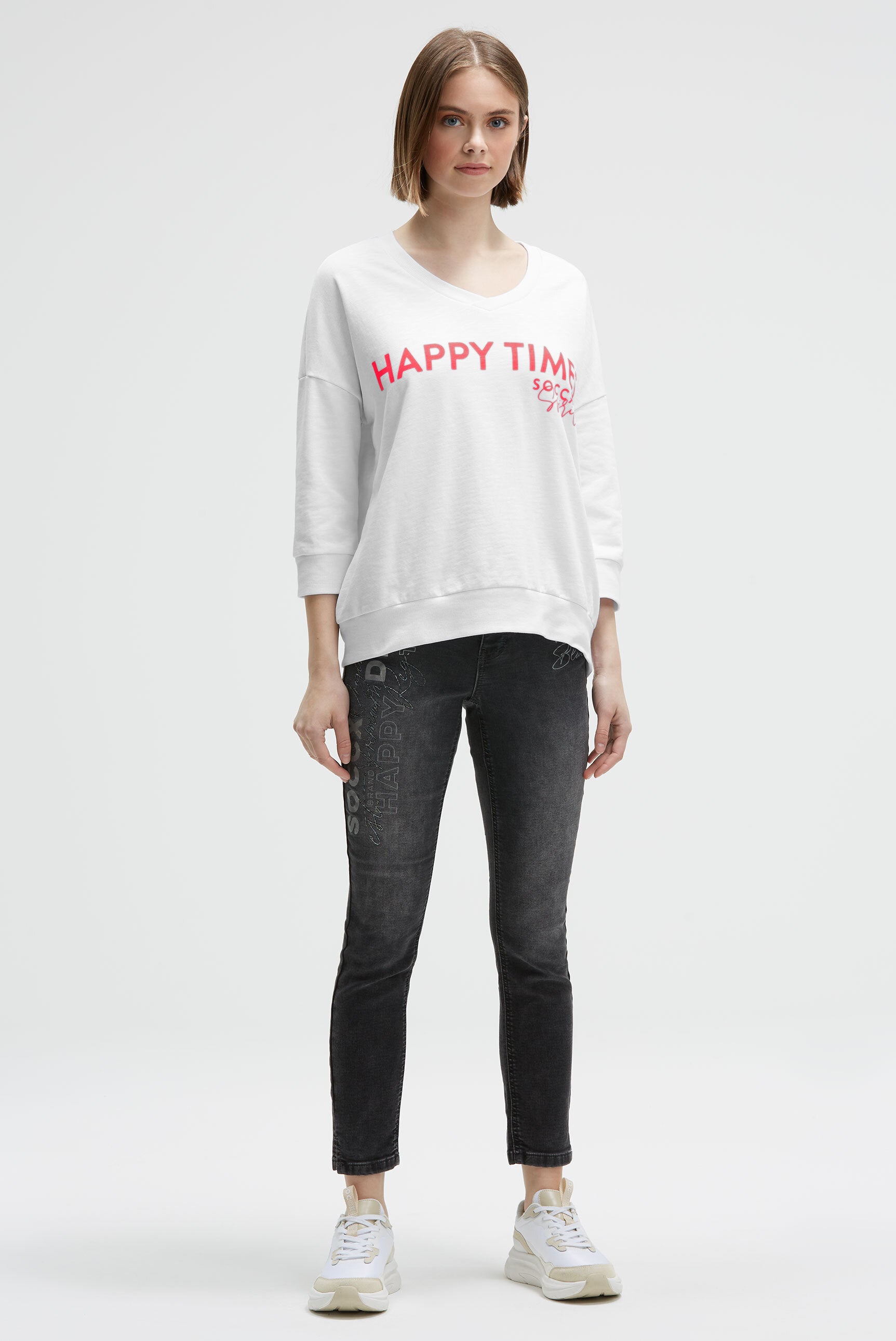 Oversized Sweatshirt mit V-Ausschnitt und Print opticwhite