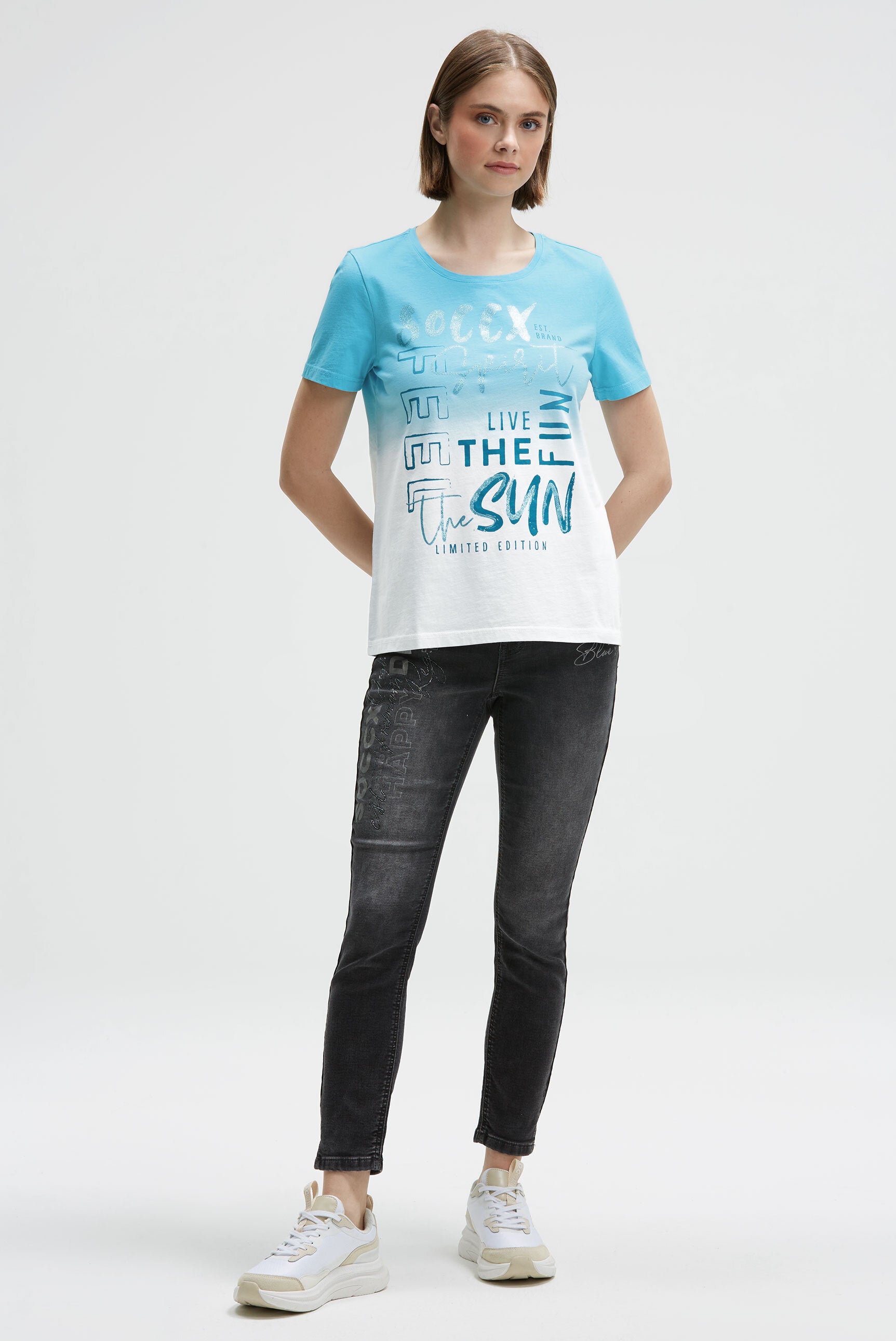 Koszulka z okrągłym dekoltem, efektem dip dye i brokatowym nadrukiem - 3