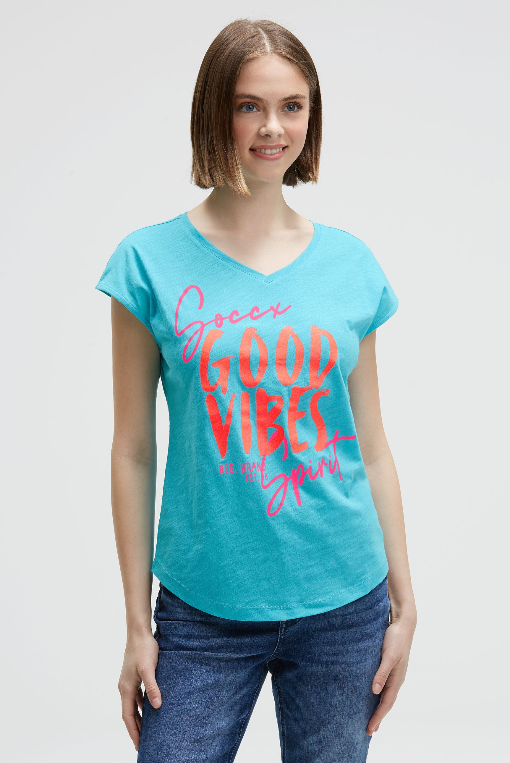 Koszulka bez rękawów z dekoltem w serek i nadrukami - 2