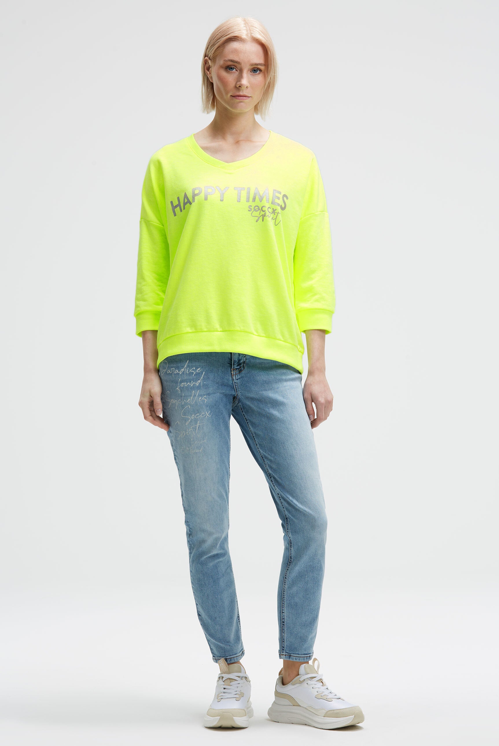Oversized Sweatshirt mit V-Ausschnitt und Print electric lemon