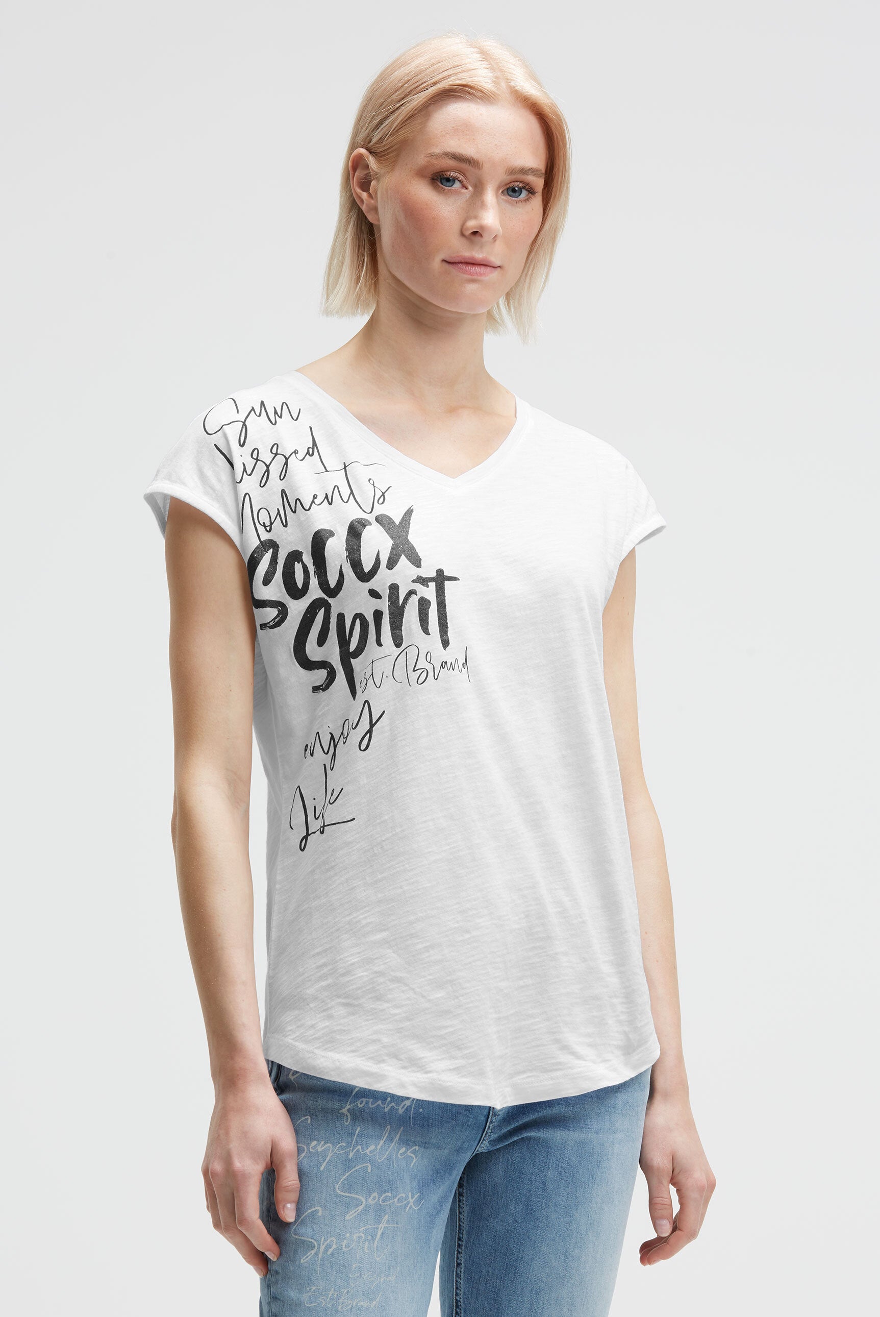 Koszulka bez rękawów z dekoltem w serek i nadrukami