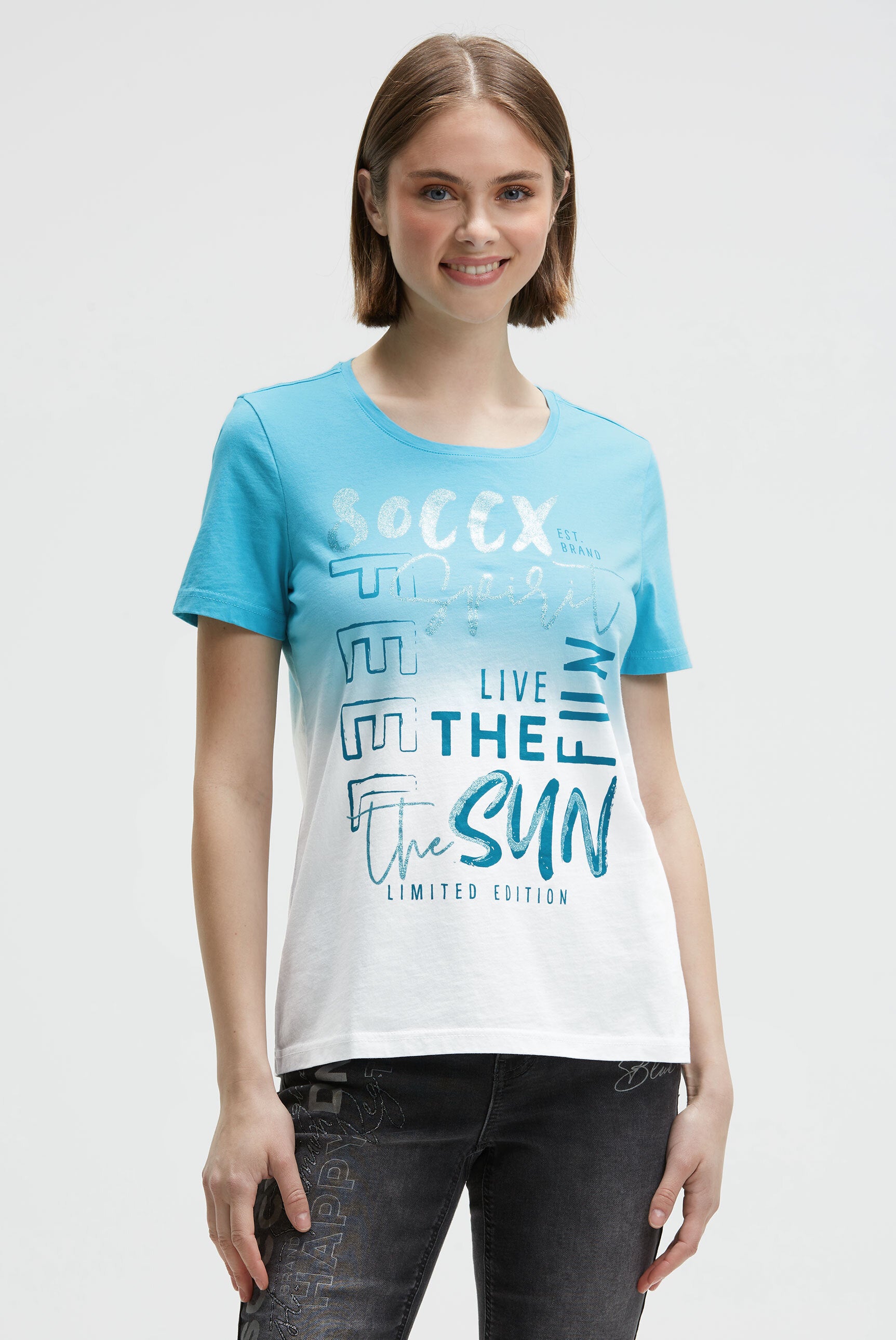 Koszulka z okrągłym dekoltem, efektem dip dye i brokatowym nadrukiem - 2