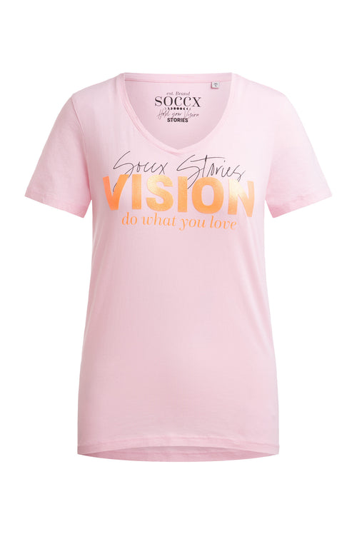 T-shirt z dekoltem V i nadrukiem z brokatem