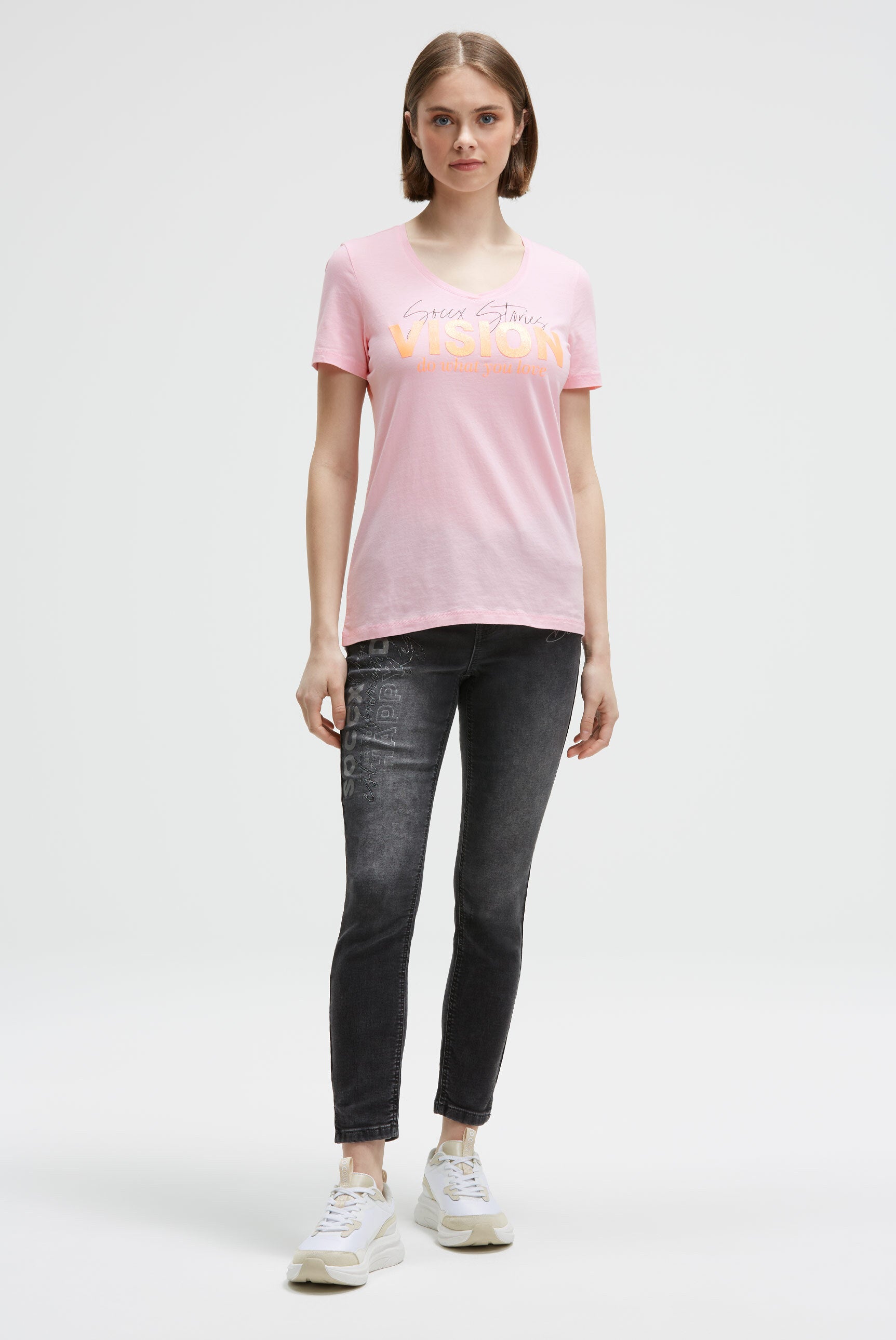 T-Shirt mit V-Ausschnitt und Glitter Print