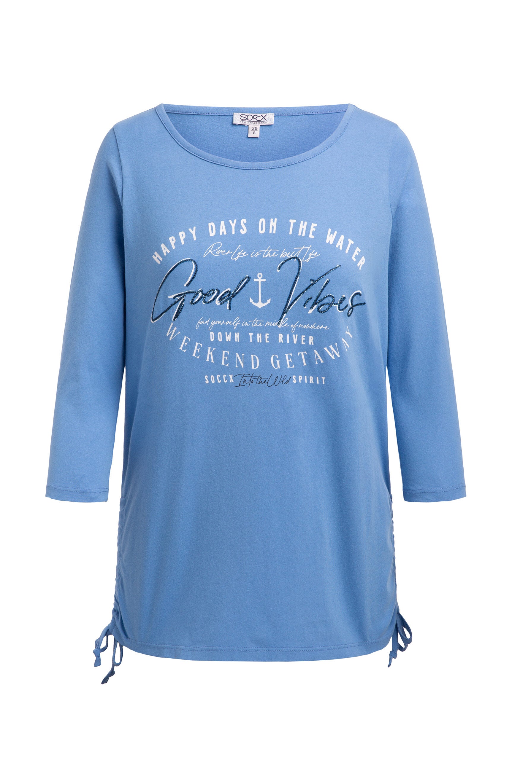 Koszulka z okrągłym dekoltem, rękawy 3/4 i marszczenie po bokach - 1