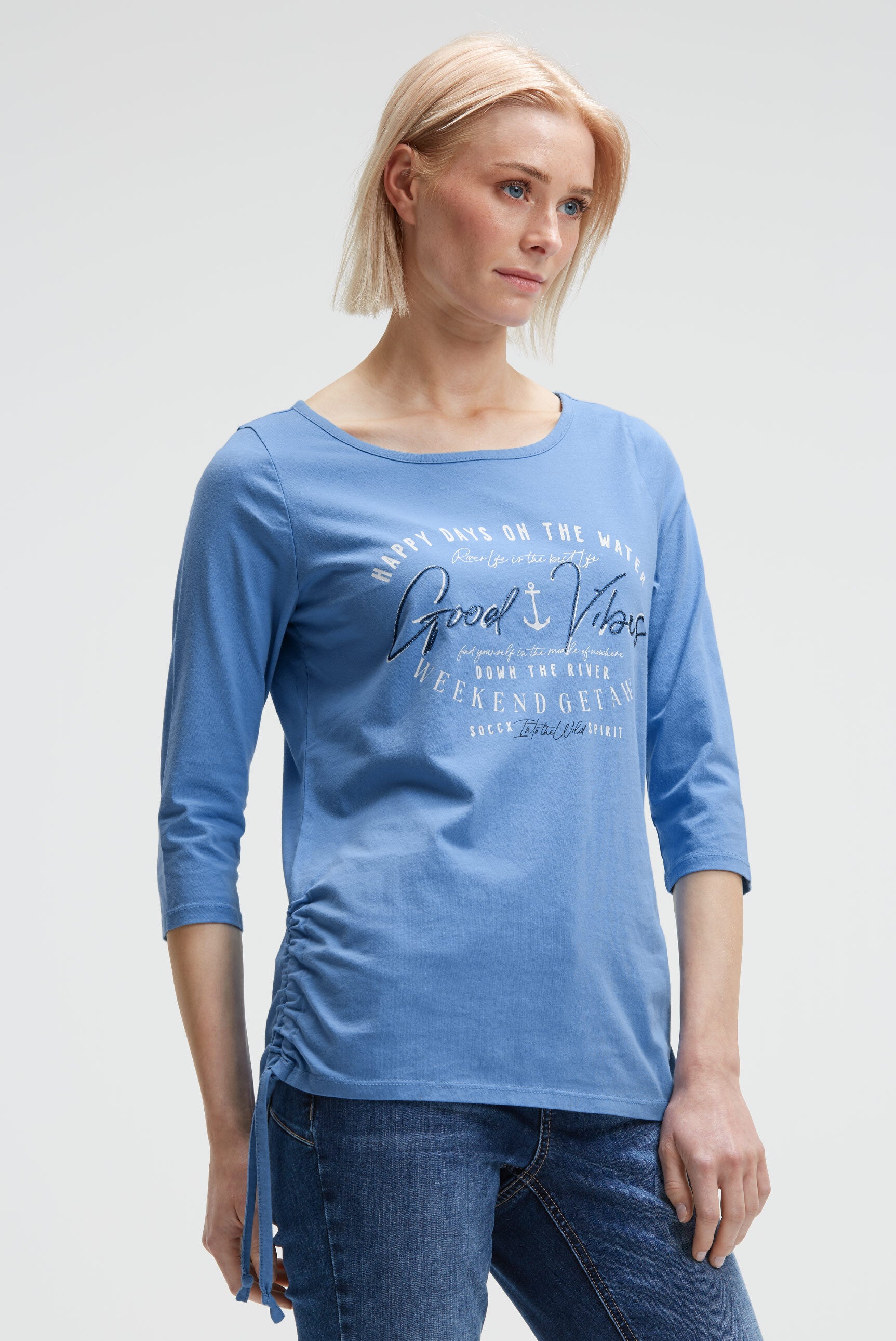 Koszulka z okrągłym dekoltem, rękawy 3/4 i marszczenie po bokach