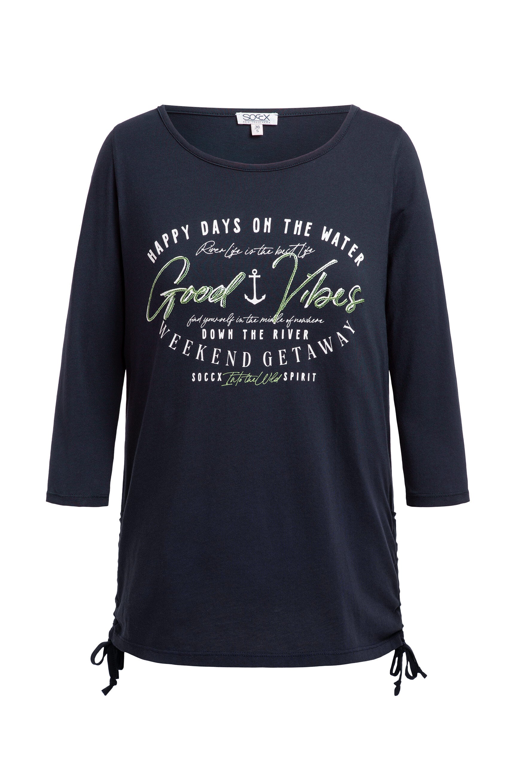 Koszulka z okrągłym dekoltem, rękawy 3/4 i marszczenie po bokach