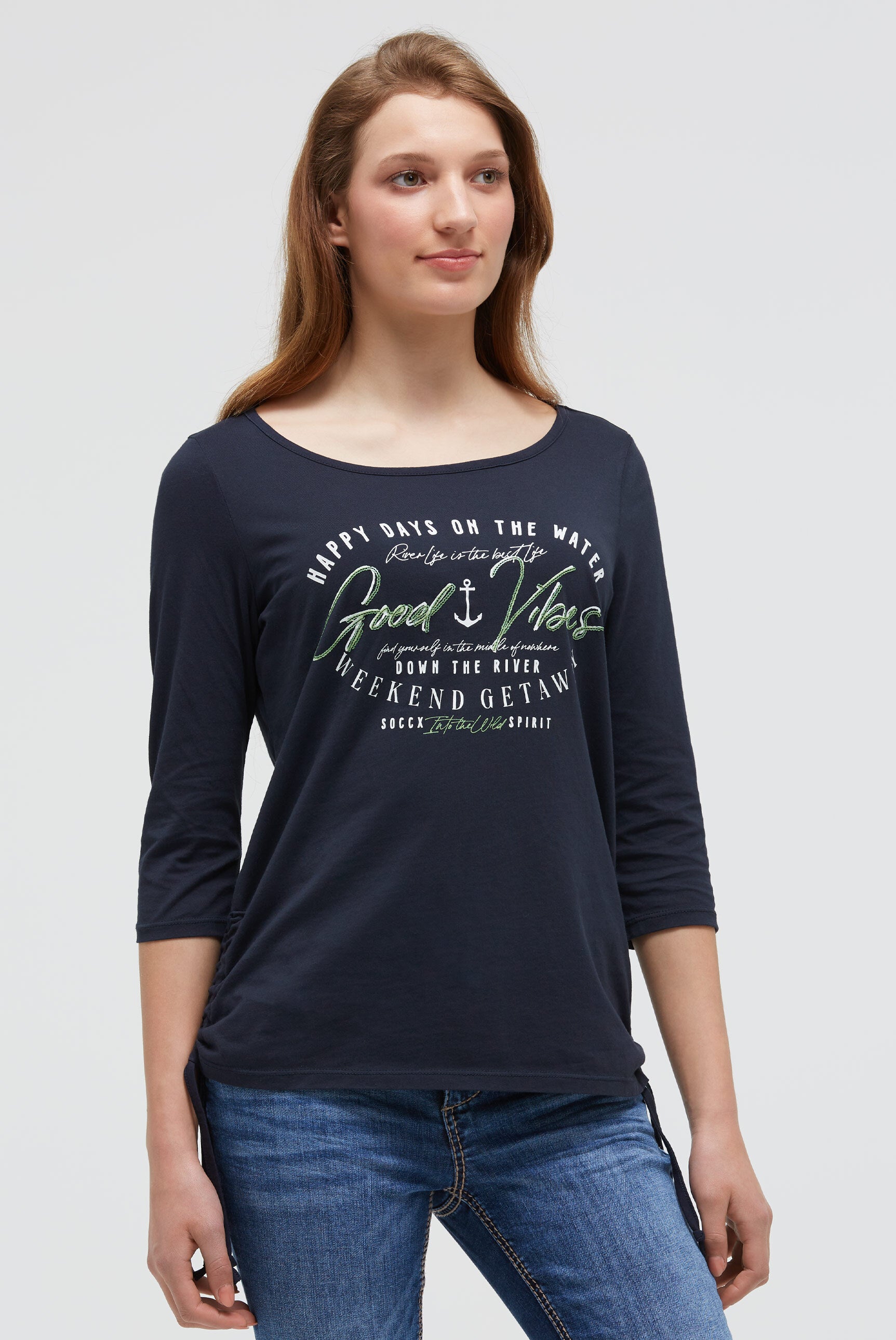 Koszulka z okrągłym dekoltem, rękawy 3/4 i marszczenie po bokach