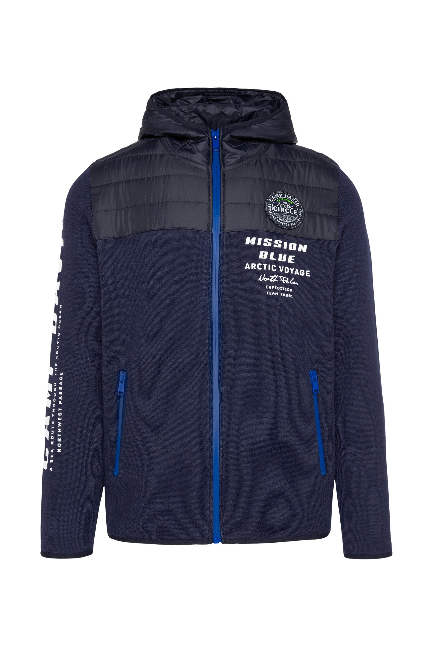 Sweter rozpinany z pikowaną kapturem i nadrukami z logo - 1