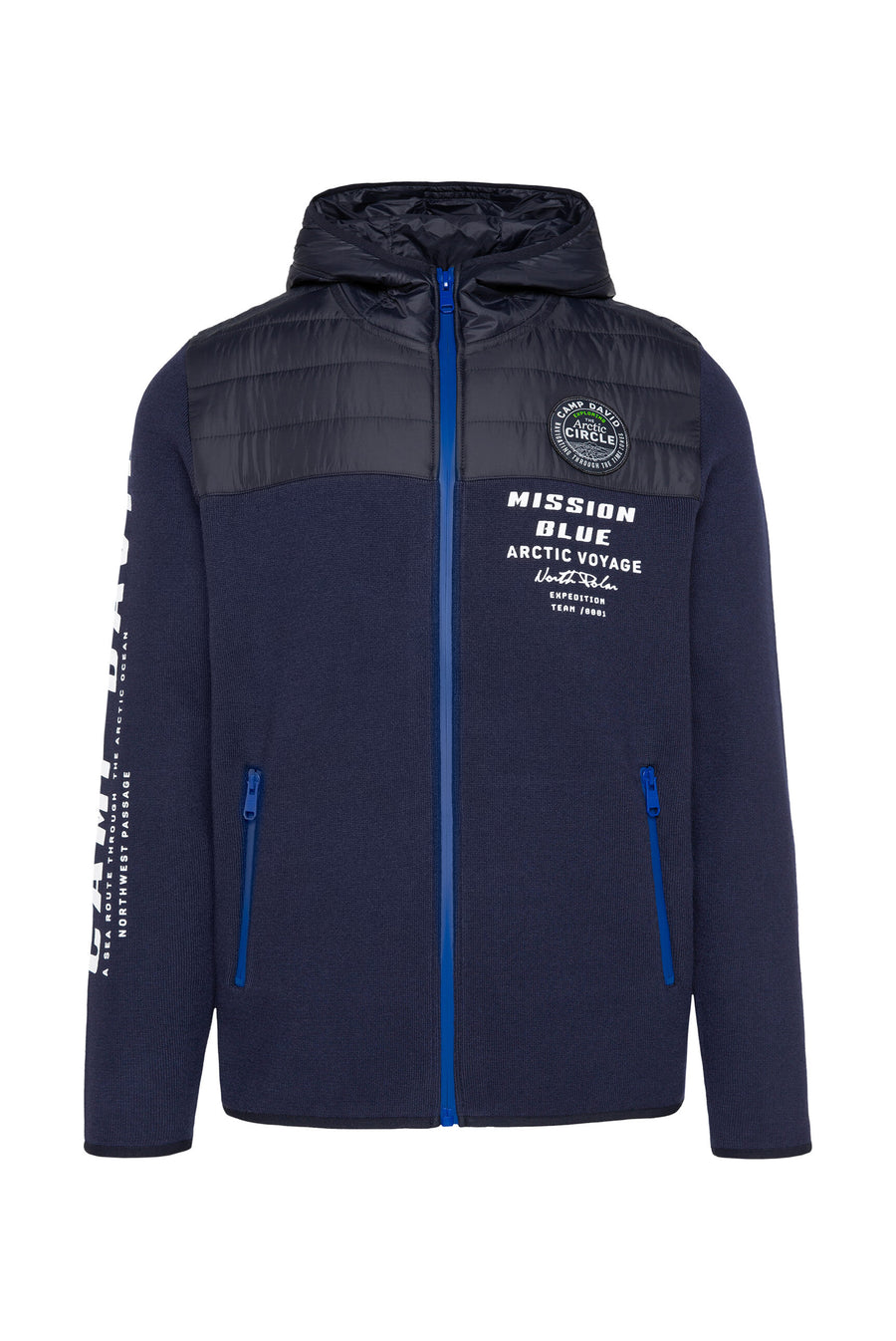 Sweter rozpinany z pikowaną kapturem i nadrukami z logo