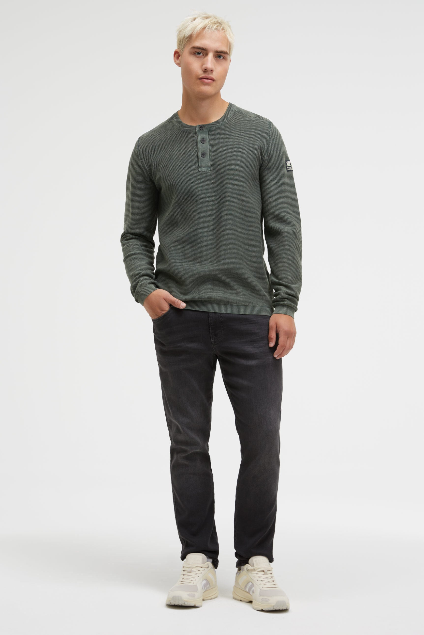 Henley-Pullover Stone Washed dark forest