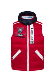 Pikowana kamizelka z taśmami, nadrukami i kapturem