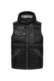 Pikowana kamizelka z taśmami, nadrukami i kapturem