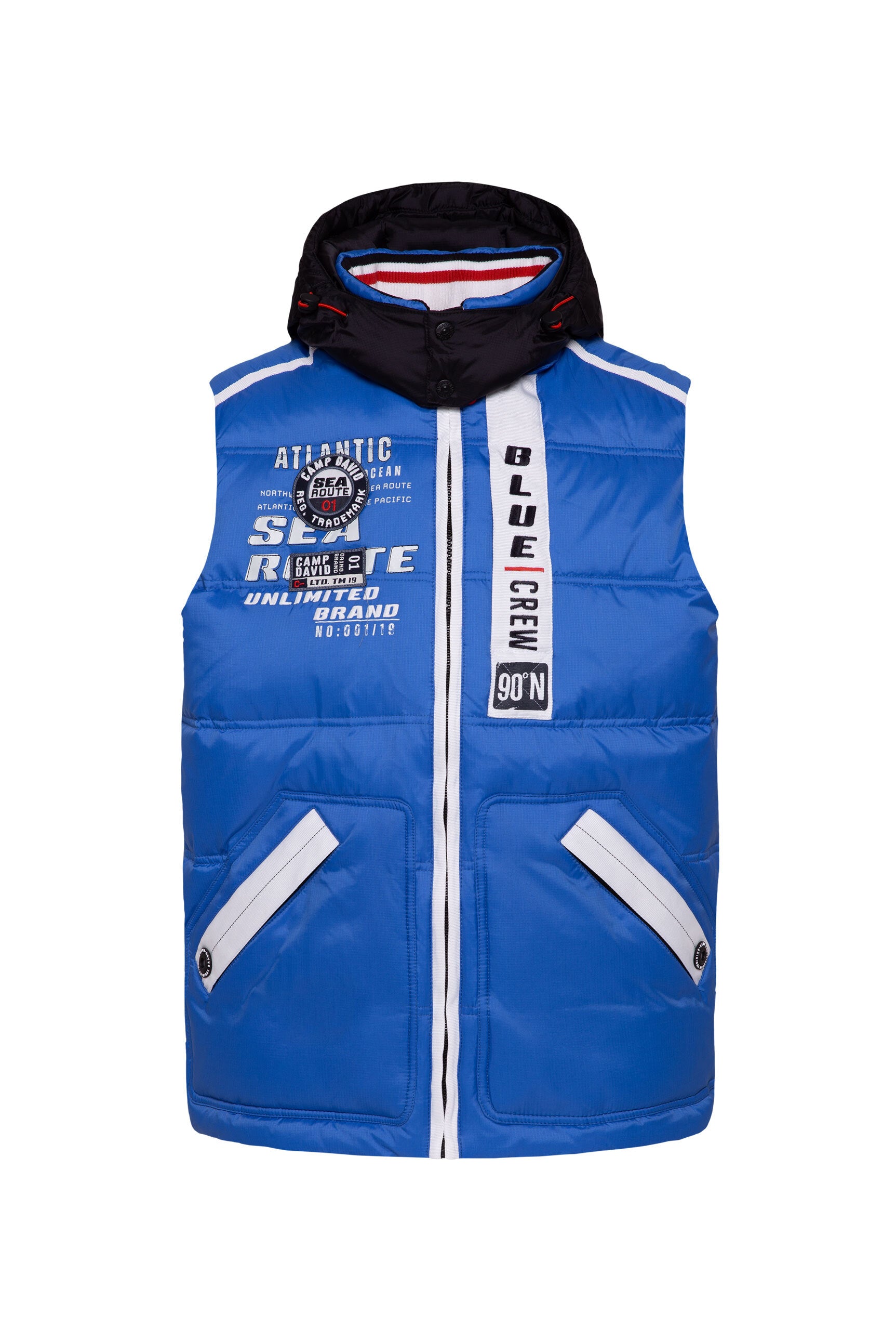 Pikowana kamizelka z taśmami, nadrukami i kapturem