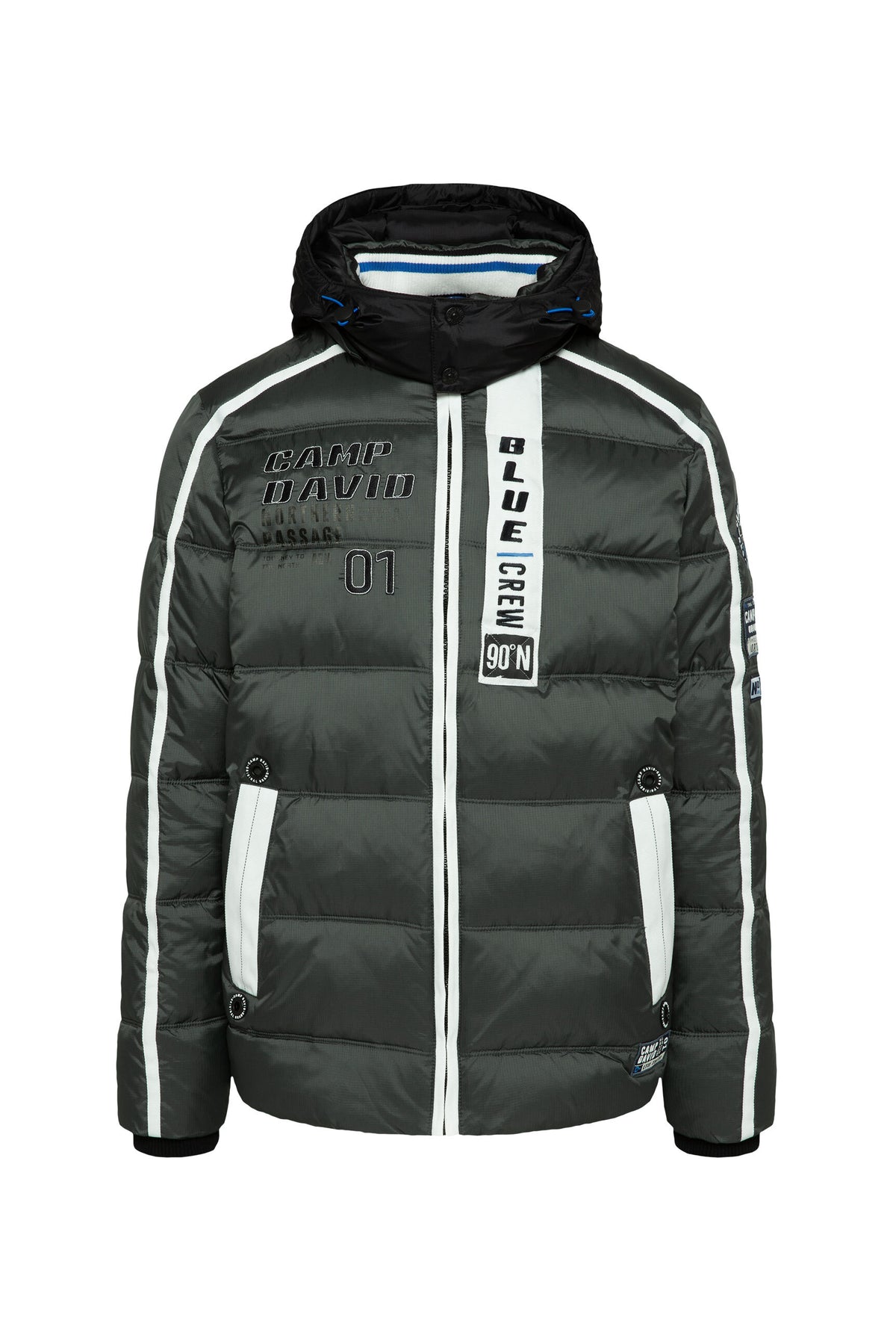Lange Steppjacke mit Tapes, Patches und Kapuze dark forest