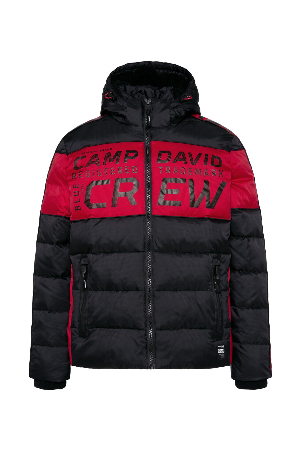 Steppjacke mit Colour-Blocking, Tapes, Artworks black