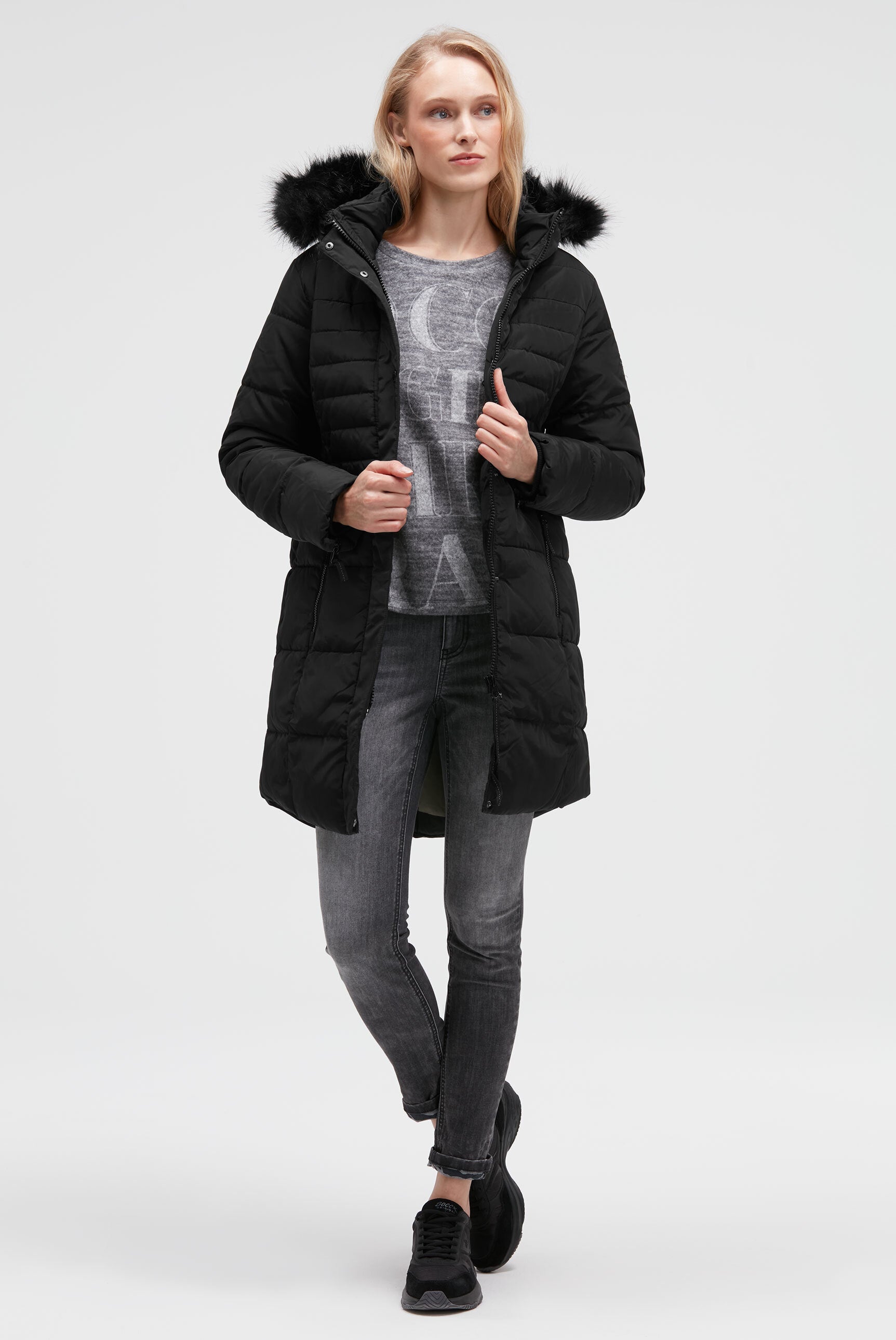 Pikowana parka z odpinanym kapturem i sztucznym futrem - 3