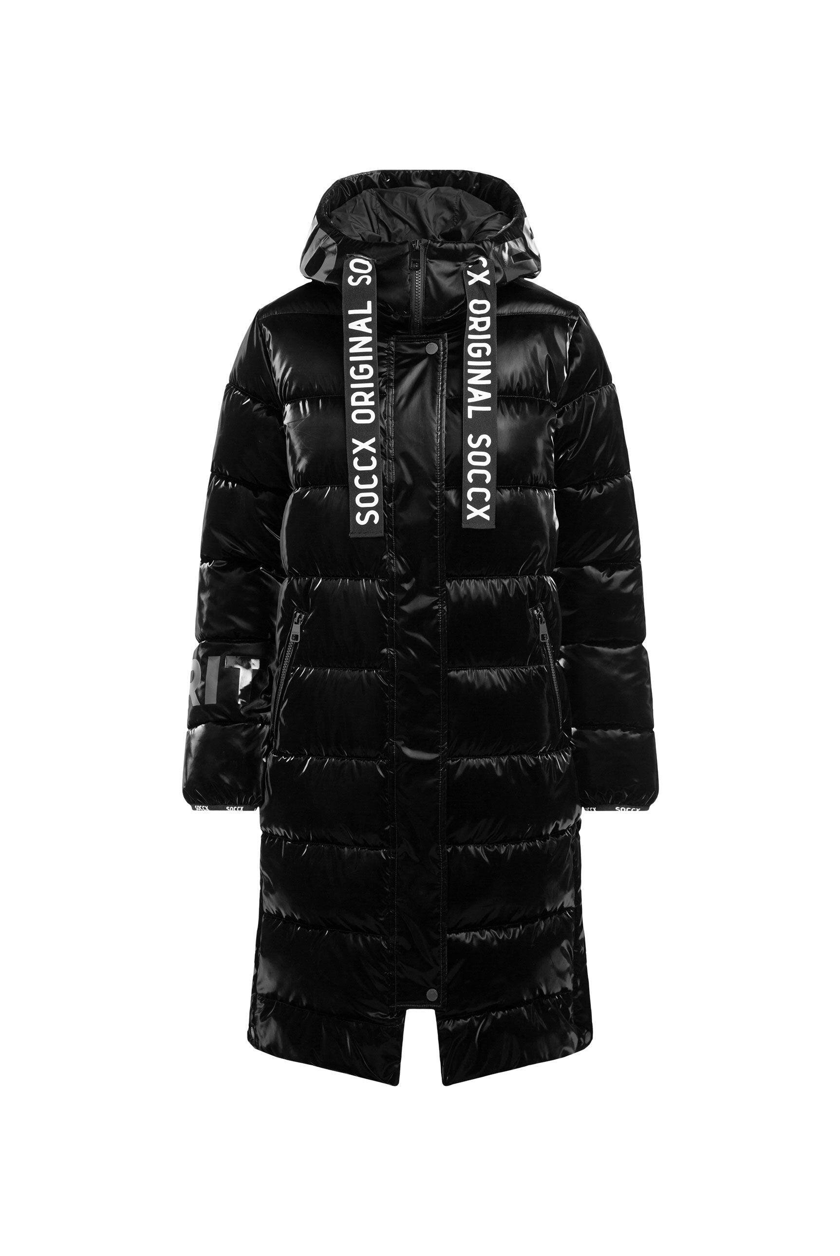 Błyszcząca pikowana parka z wzorami z logo