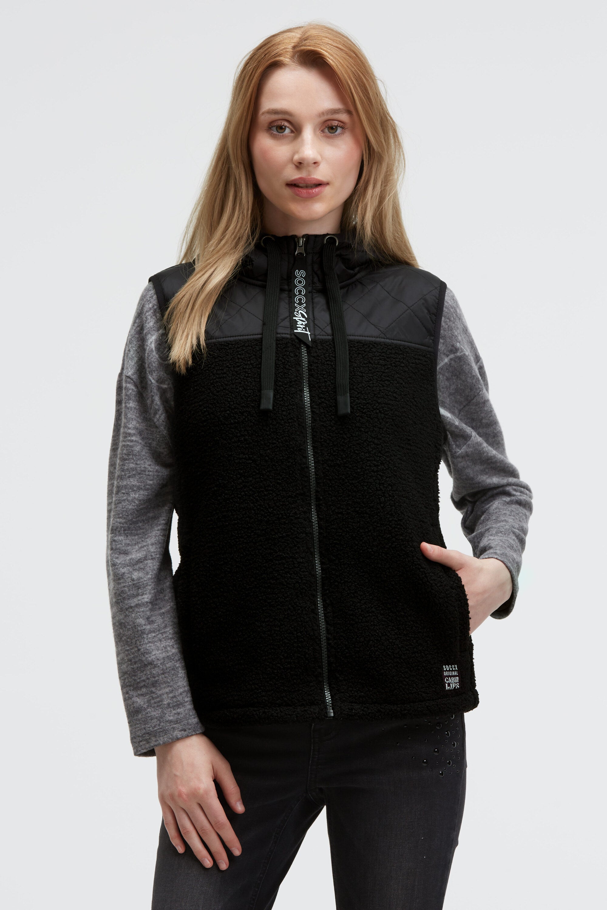Loop-Fleece-Weste im Materialmix mit Kapuze