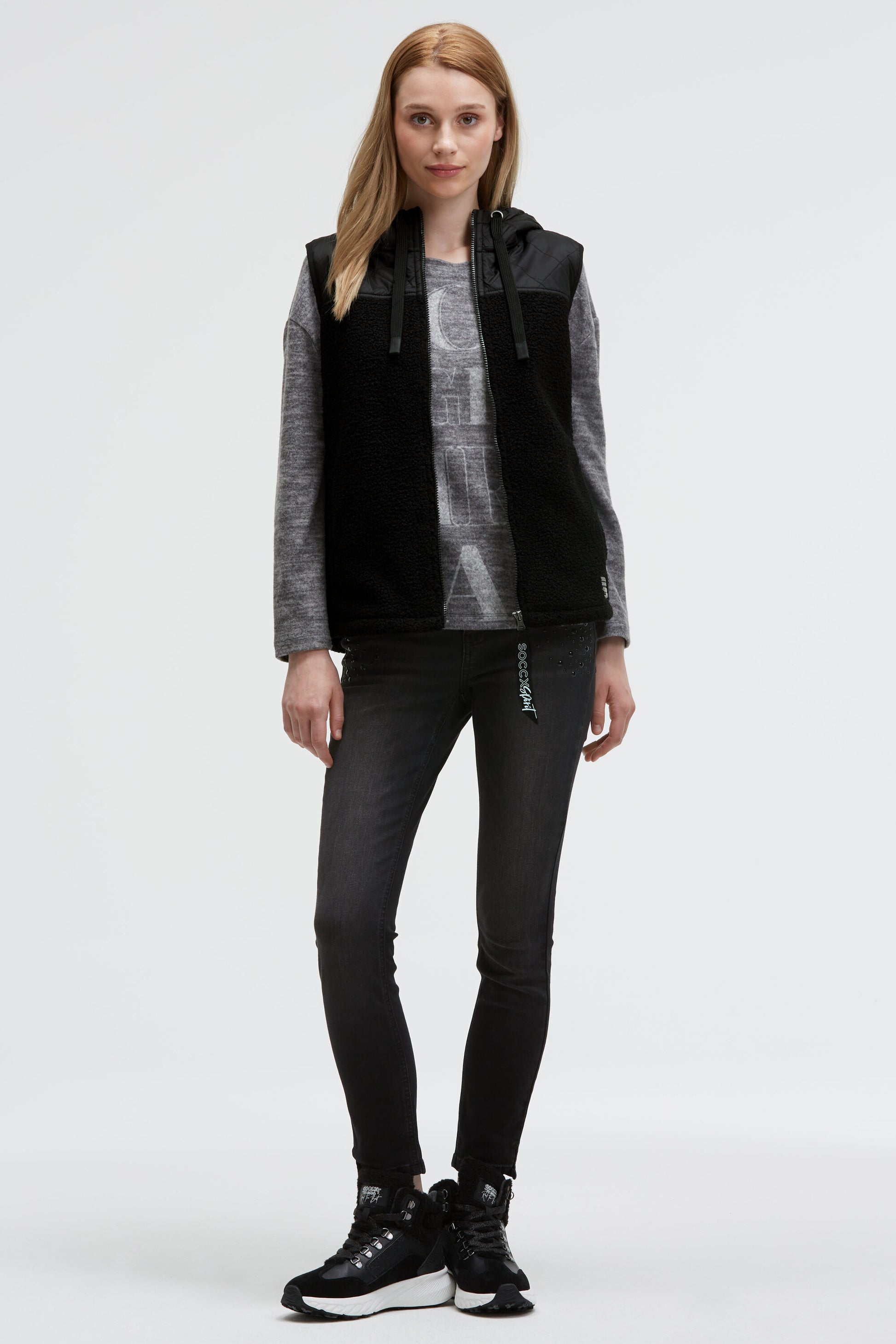 Loop-Fleece-Weste im Materialmix mit Kapuze - 3