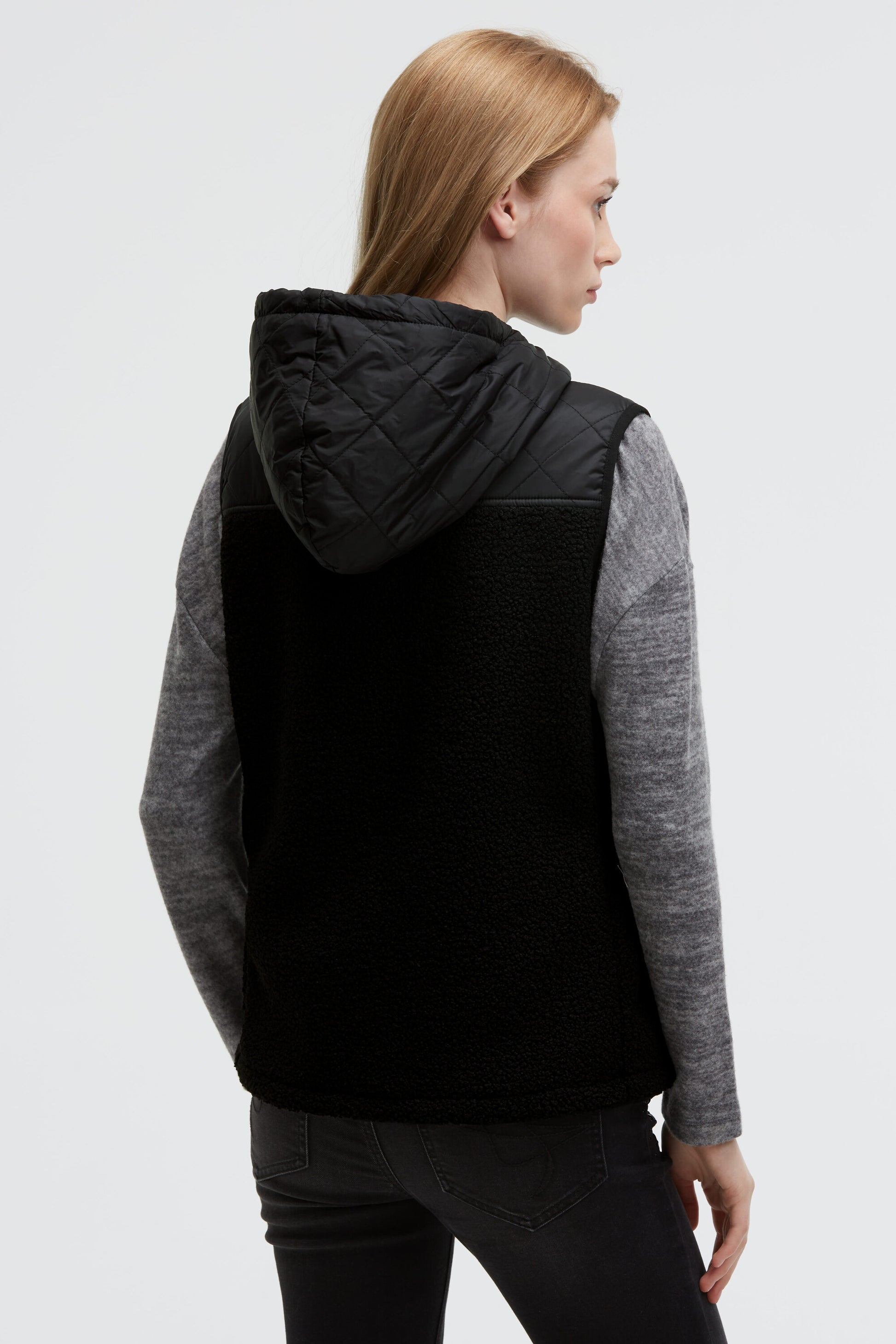 Loop-Fleece-Weste im Materialmix mit Kapuze - 5