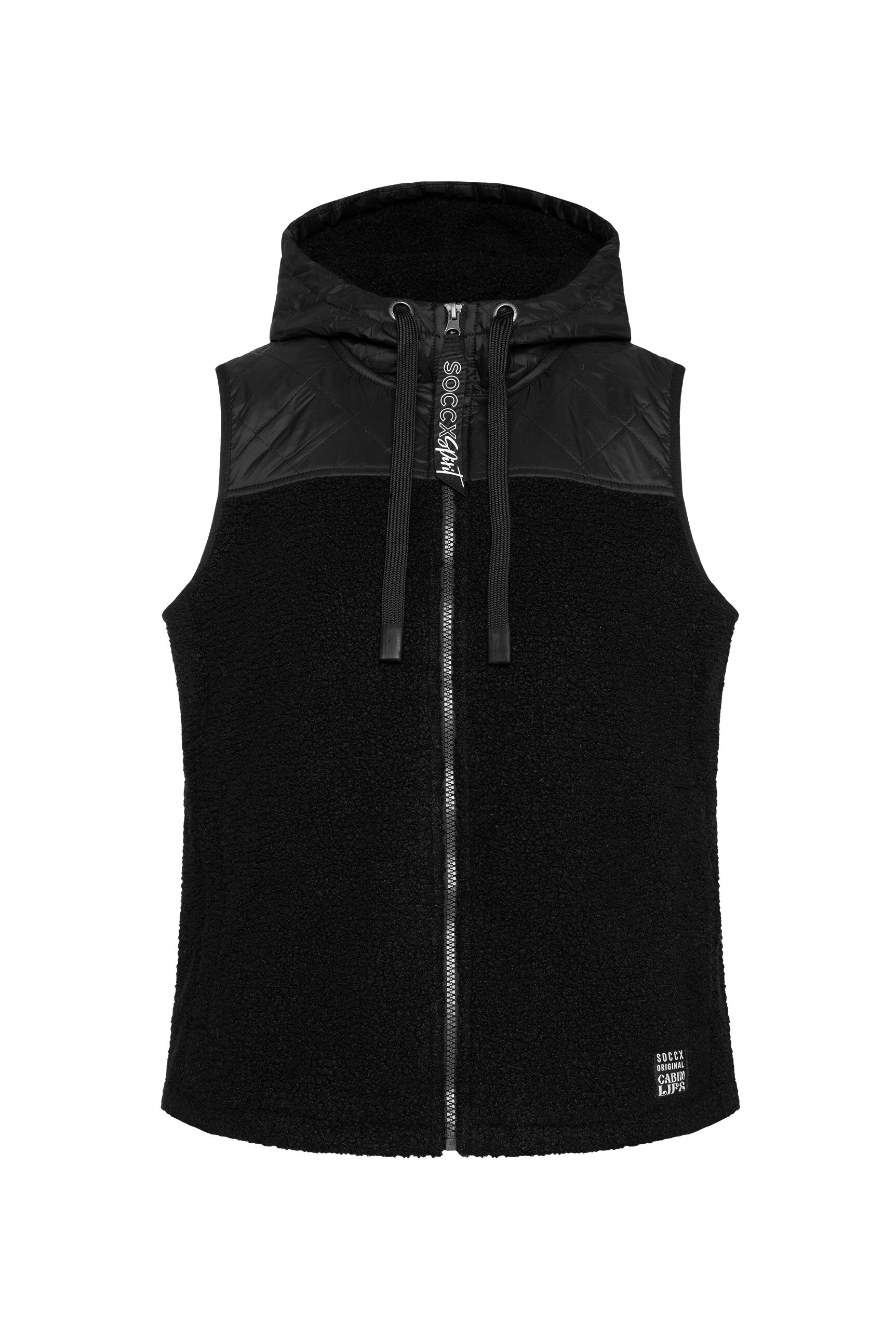 Loop-Fleece-Weste im Materialmix mit Kapuze - 1