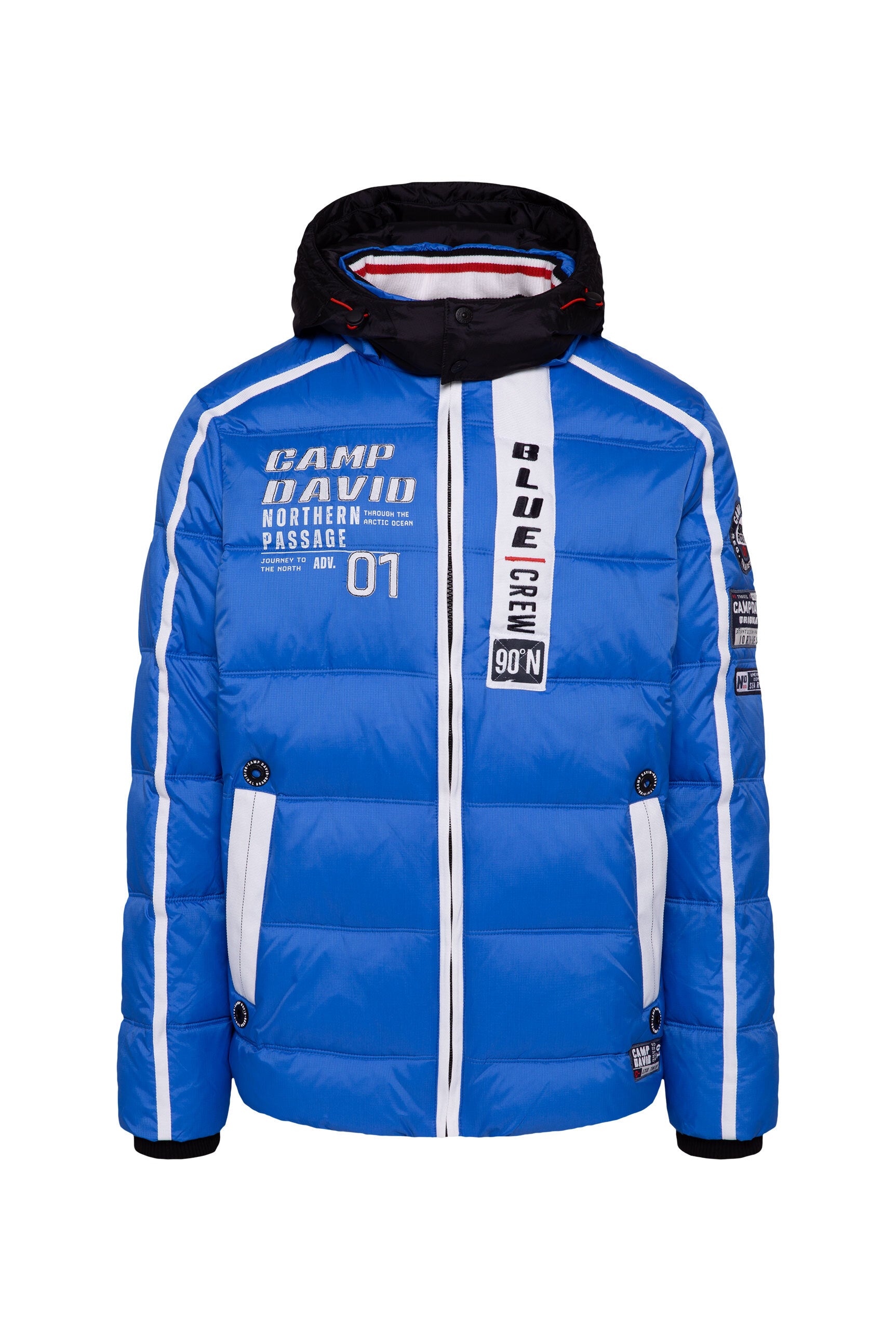 Długa pikowana kurtka z taśmami, naszywkami i kapturem