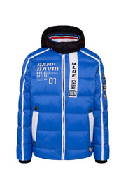 Długa pikowana kurtka z taśmami, naszywkami i kapturem