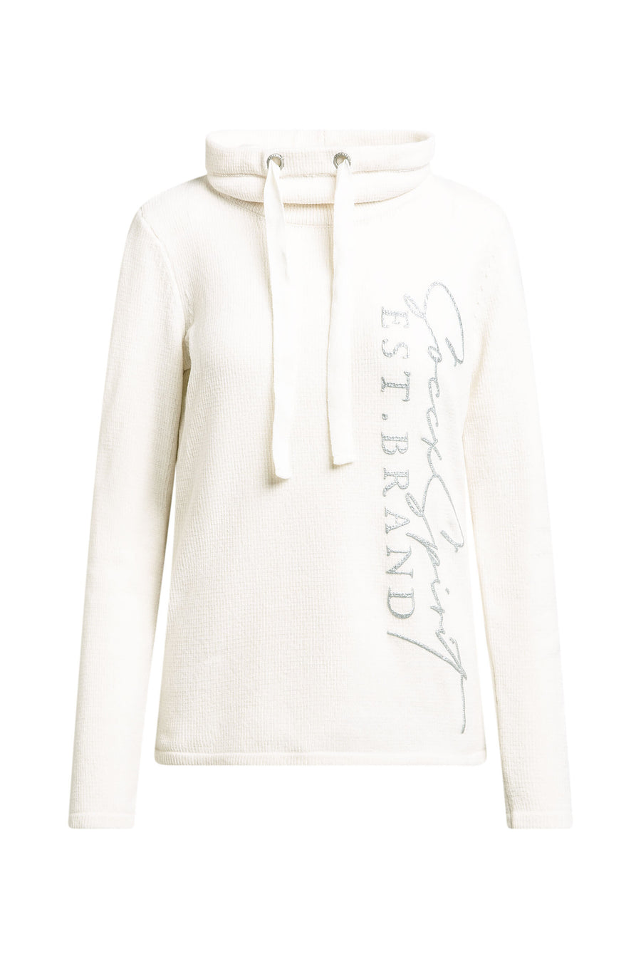 Chenille-Pullover mit hohem Kragen und Artwork ivory