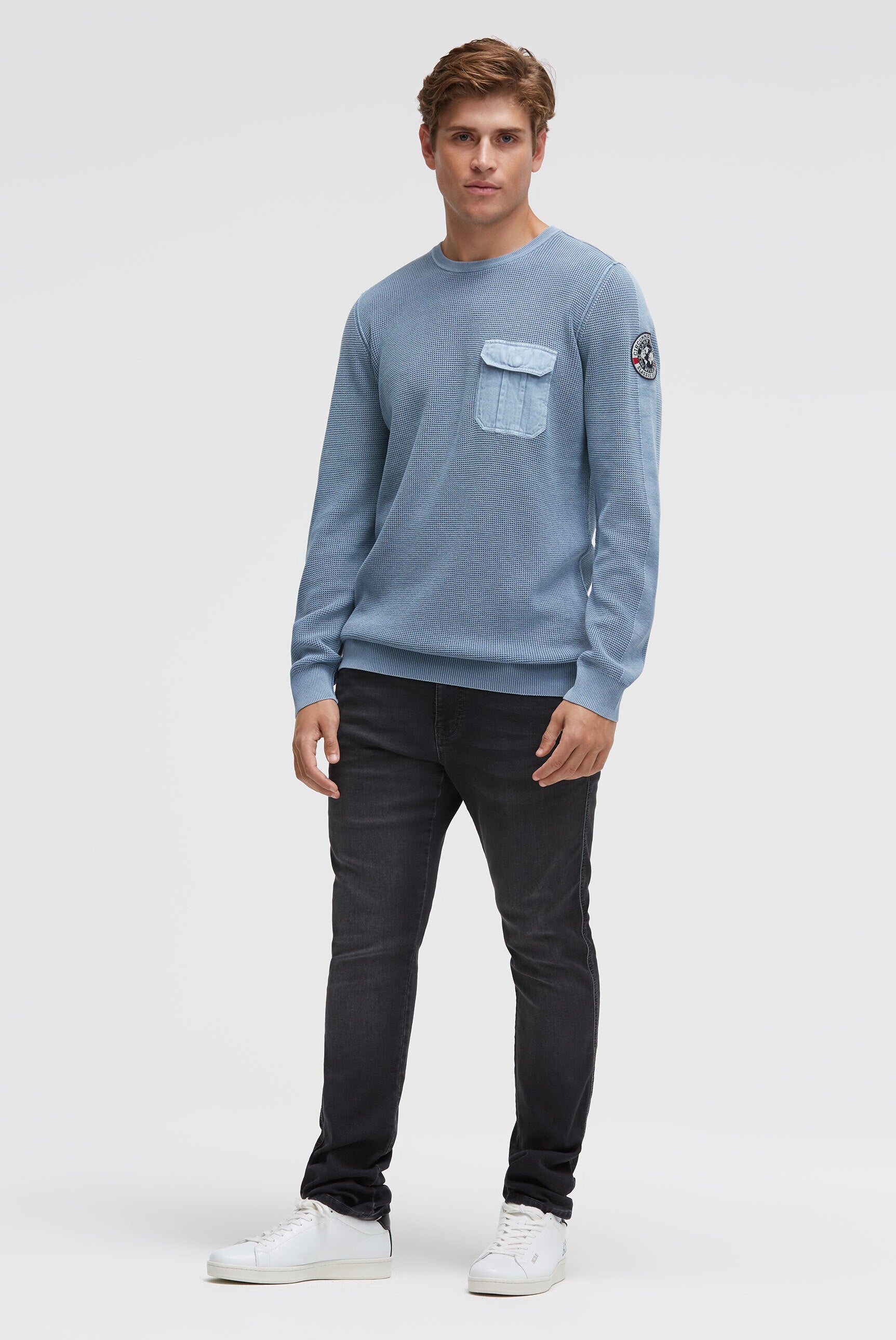 Pullover mit Strickmuster und Brusttasche vintage blue