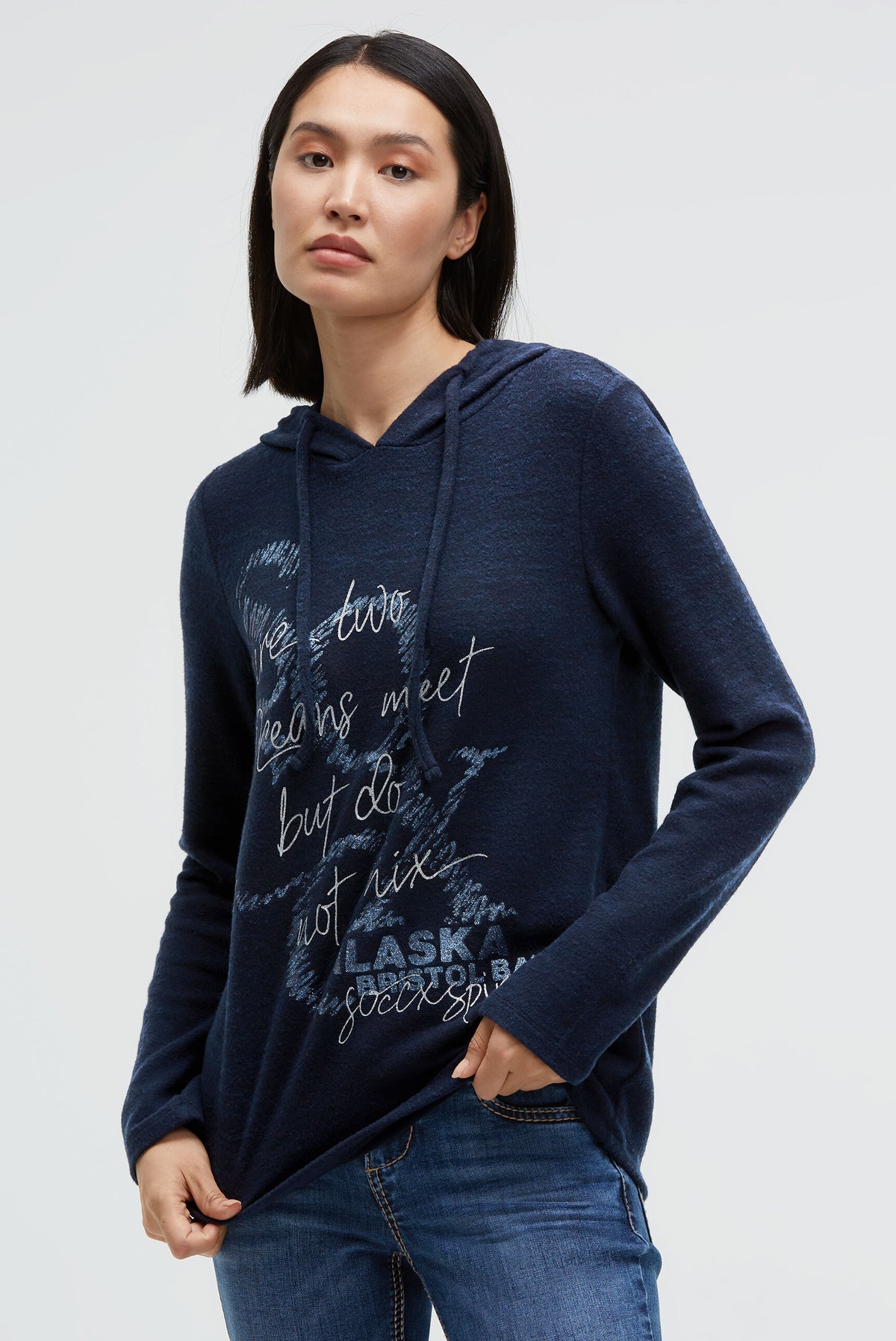Flauschstrick-Hoodie mit Glitter Logo Print blue navy melange