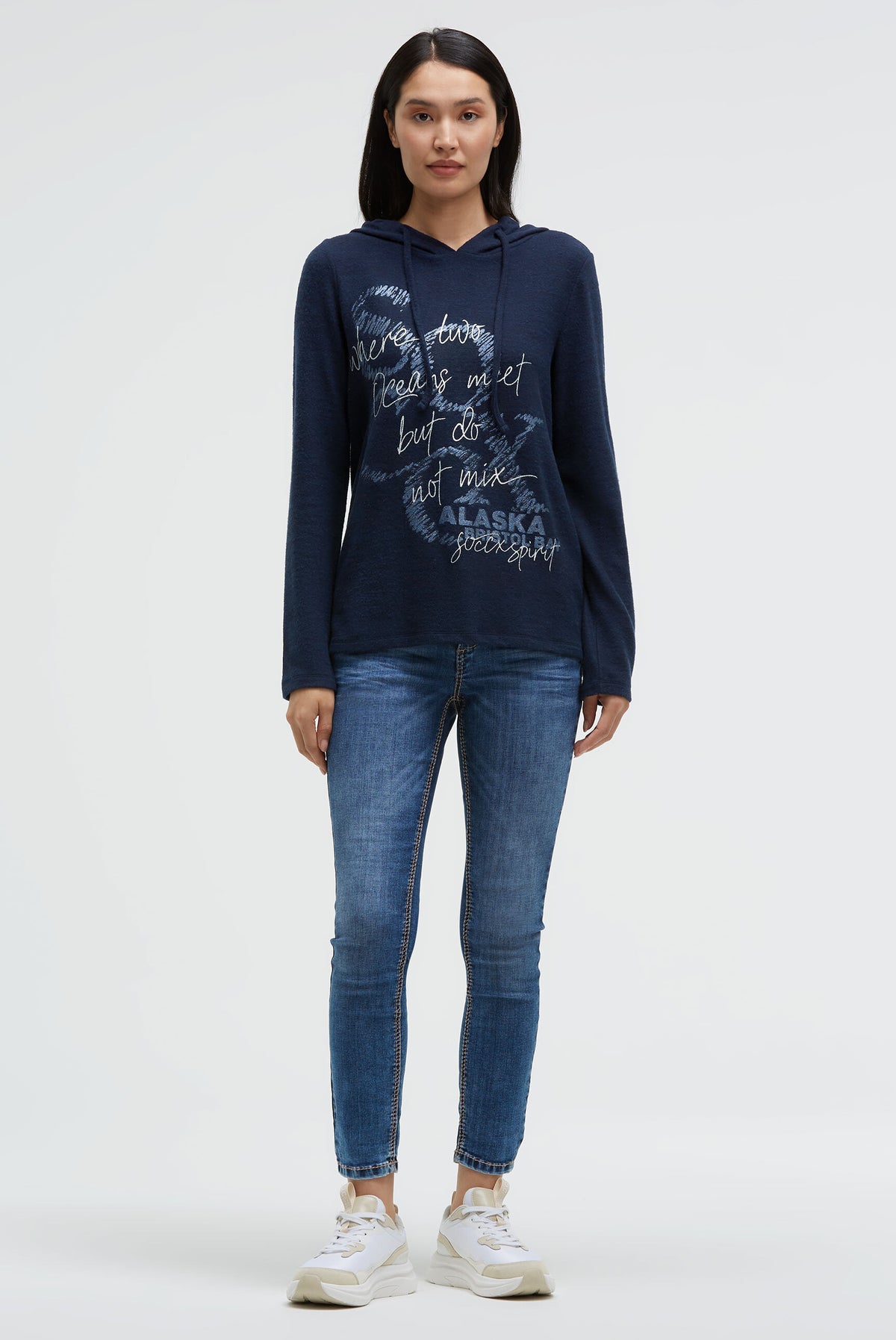 Flauschstrick-Hoodie mit Glitter Logo Print blue navy melange - 3
