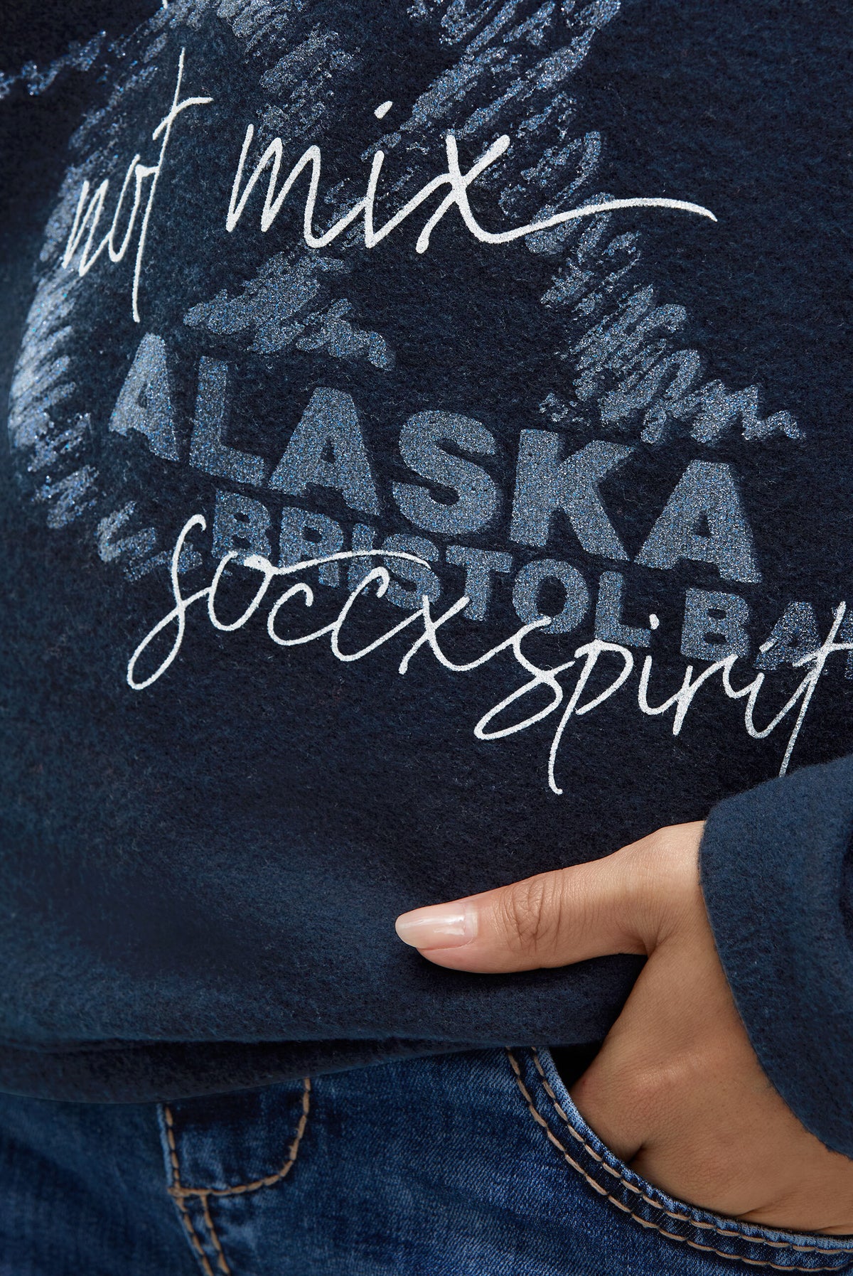 Flauschstrick-Hoodie mit Glitter Logo Print blue navy melange