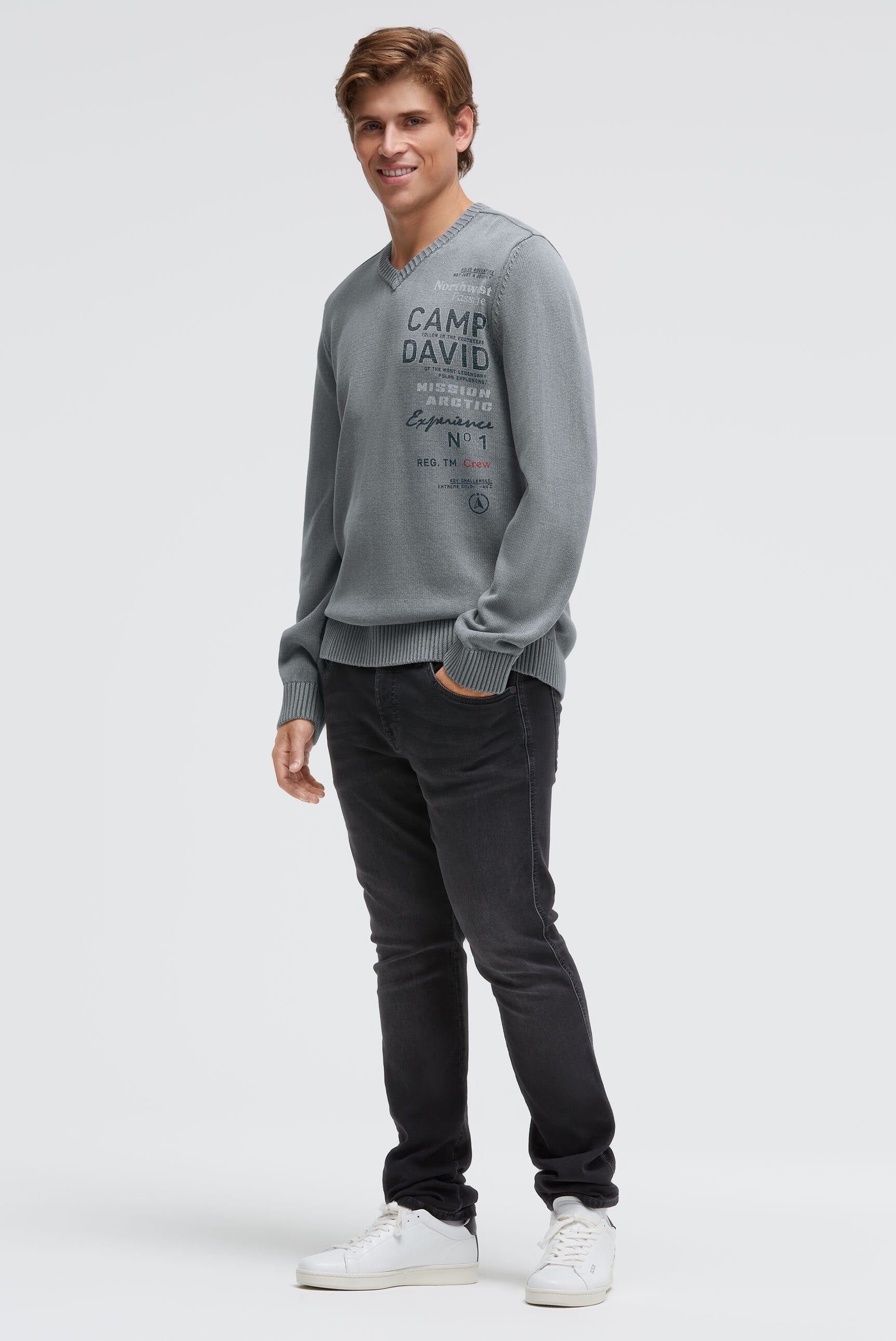 Sweter z dekoltem w serek z nadrukiem logo i taśmami