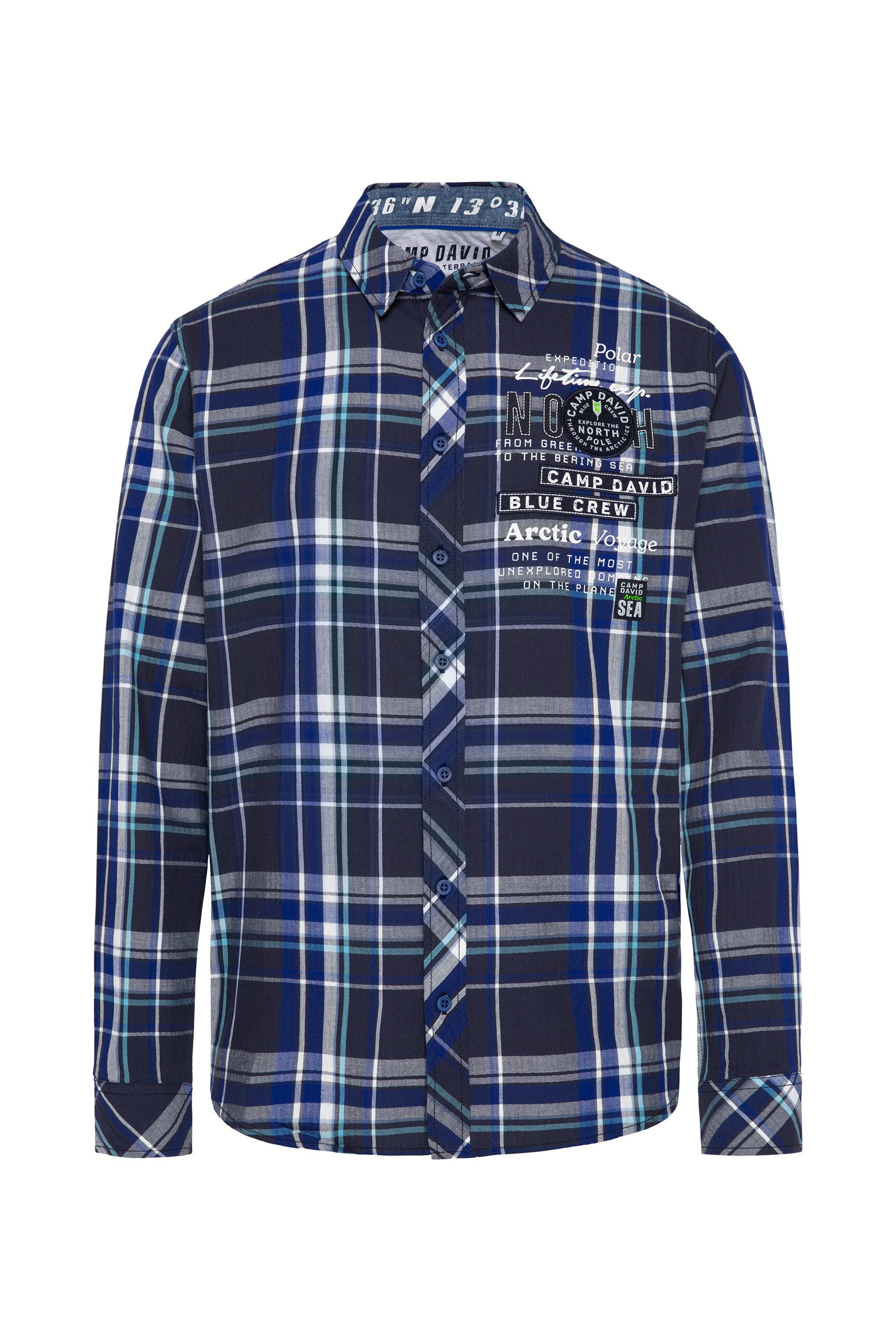 Koszula w kratę z tkaniną w jodełkę i grafikami