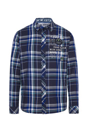 Koszula w kratę z tkaniną w jodełkę i grafikami