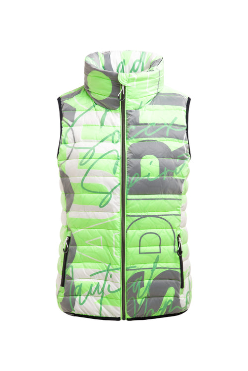Pikowany bezrękawnik z kapturem w kołnierzu i nadrukiem na całej powierzchni