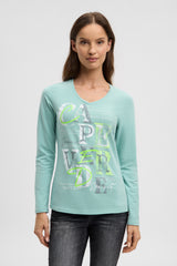 Koszulka z długim rękawem, dekoltem w serek i nadrukowanym napisem