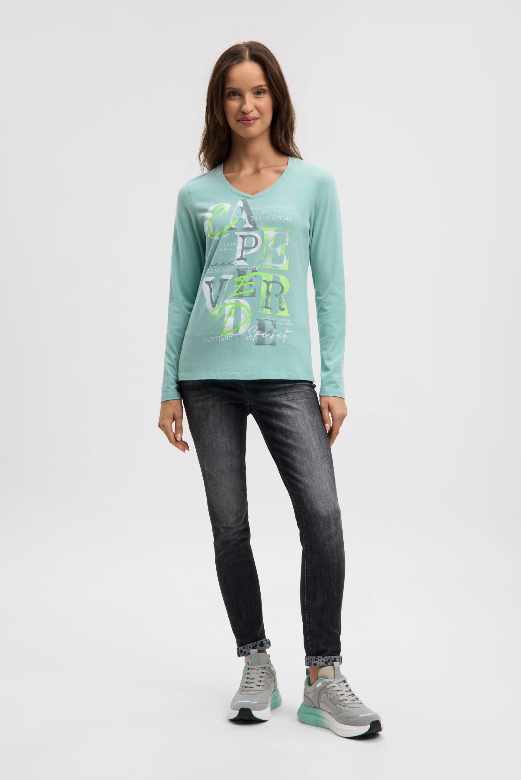 Koszulka z długim rękawem, dekoltem w serek i nadrukowanym napisem - 3