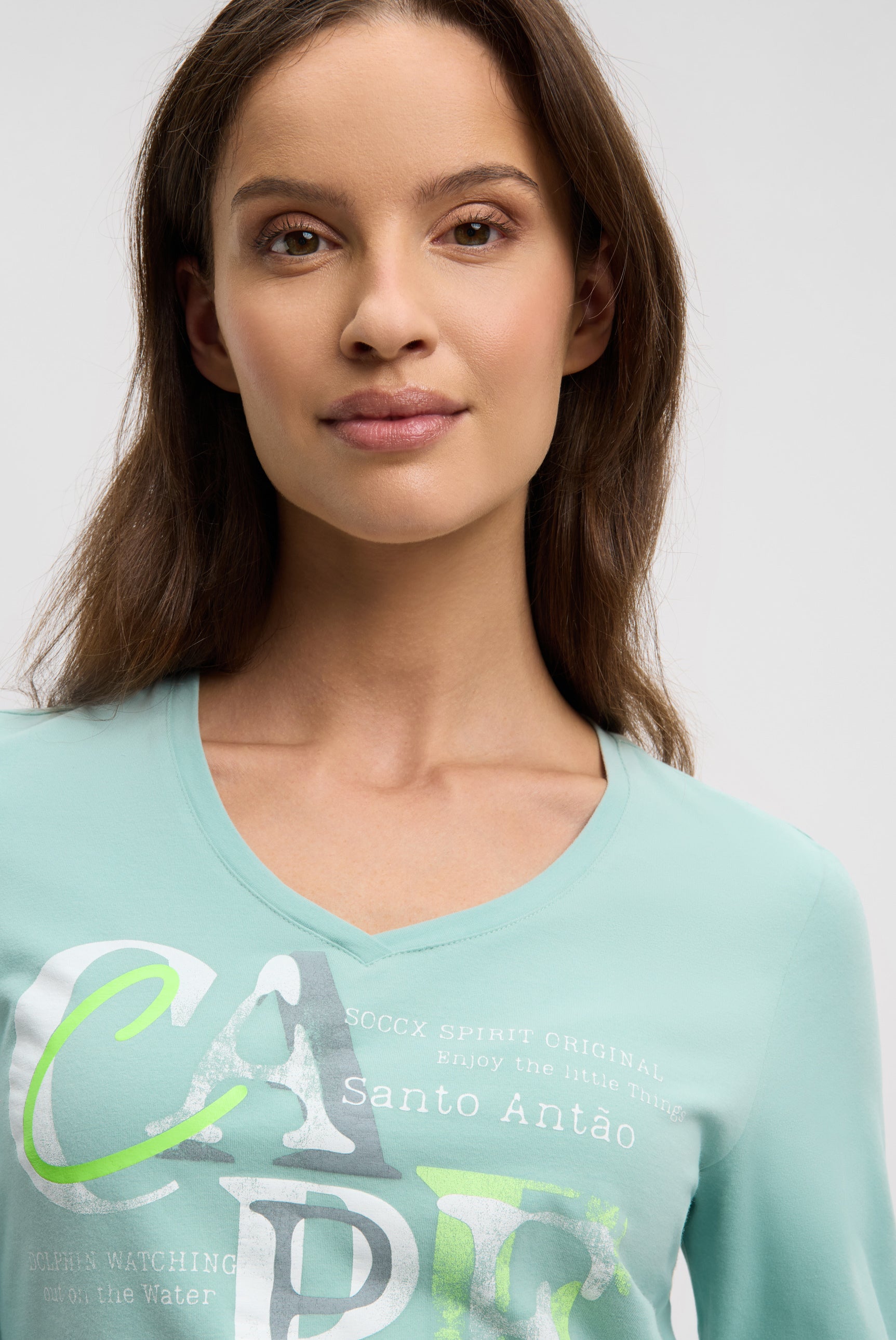 Koszulka z długim rękawem, dekoltem w serek i nadrukowanym napisem