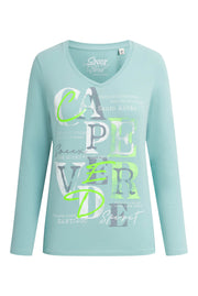 Koszulka z długim rękawem, dekoltem w serek i nadrukowanym napisem