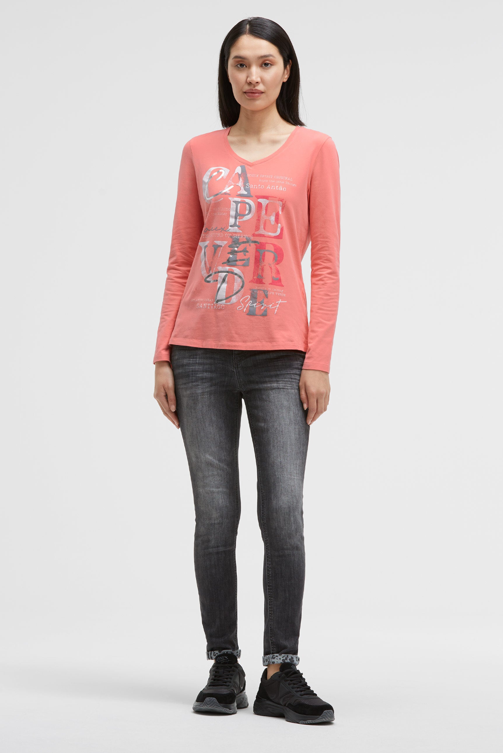 Koszulka z długim rękawem, dekoltem w serek i nadrukowanym napisem